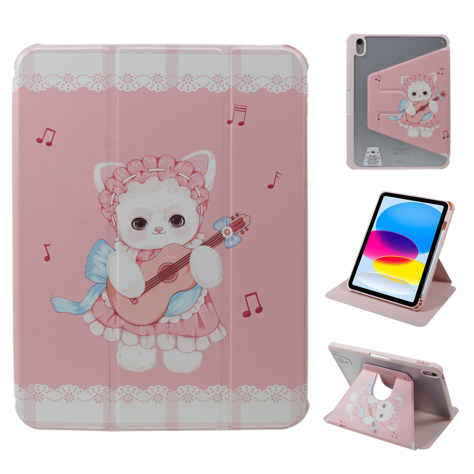 

Muster Bedruckte Tablet-hülle Für Ipad 10.9 (2022) 360-grad-rotationsständer Anti-droge-pu-lederabdeckung Mit Bleistiftschlitz - Gitarrenkatze, iPad 10.9 (2022)