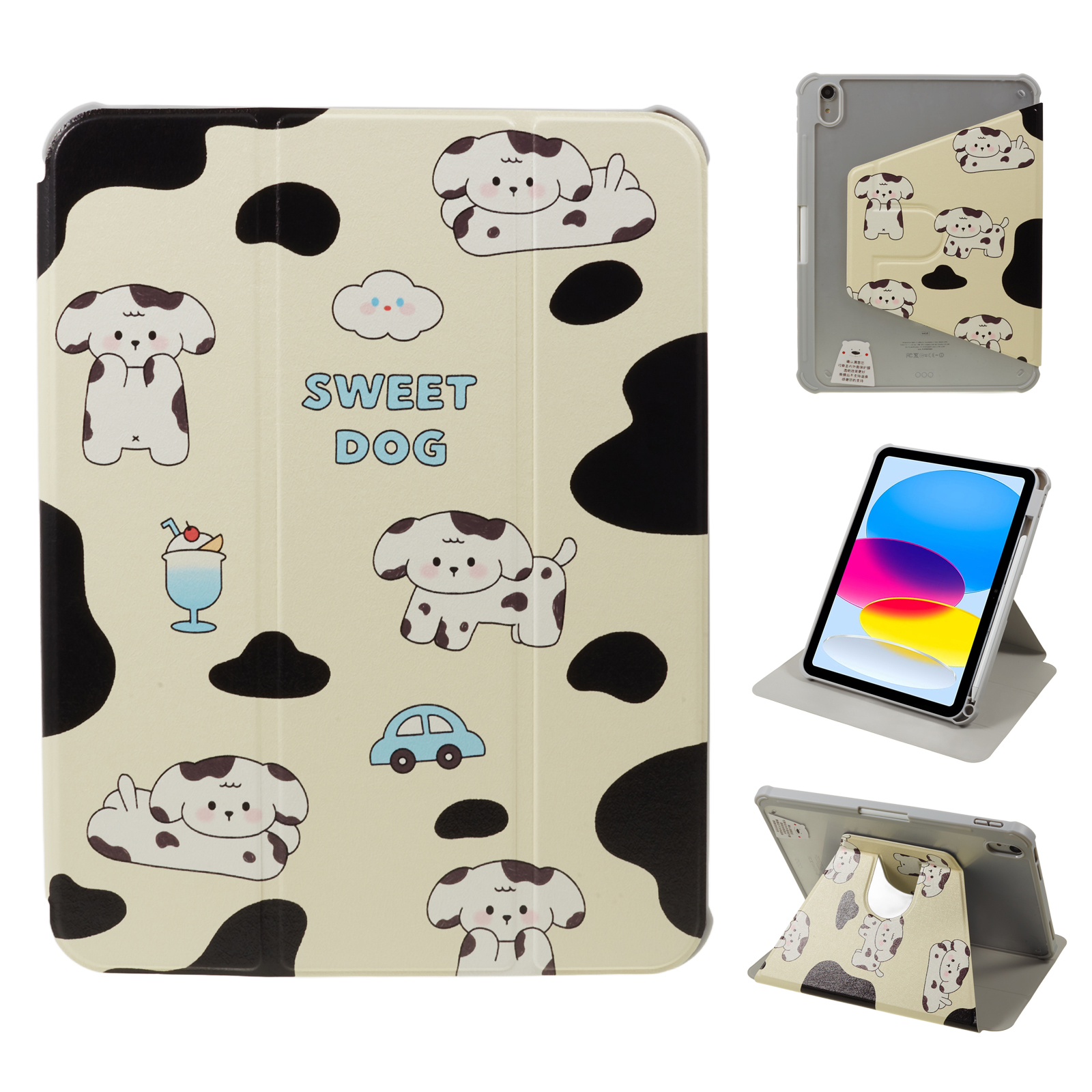 

Muster Bedruckte Tablet-hülle Für Ipad 10.9 (2022) 360-grad-rotationsständer Anti-droge-pu-lederabdeckung Mit Bleistiftschlitz - Schwarz / Weißer Hund, iPad 10.9 (2022)