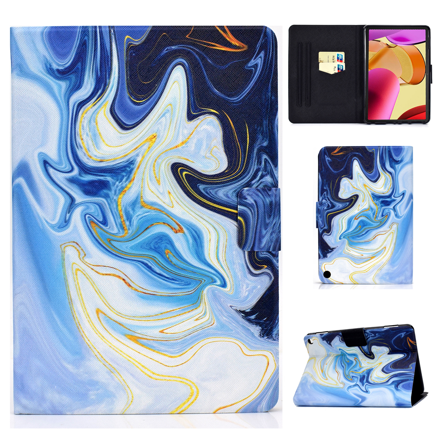 

A1 Stoßdämpfer Hülle Für Amazon Fire Max 11 PU Lederabdeckungsmuster Gedruckter Tablet -ständer Mit Kartenschlitzen - Blauer Marmor, Amazon Fire Max 11