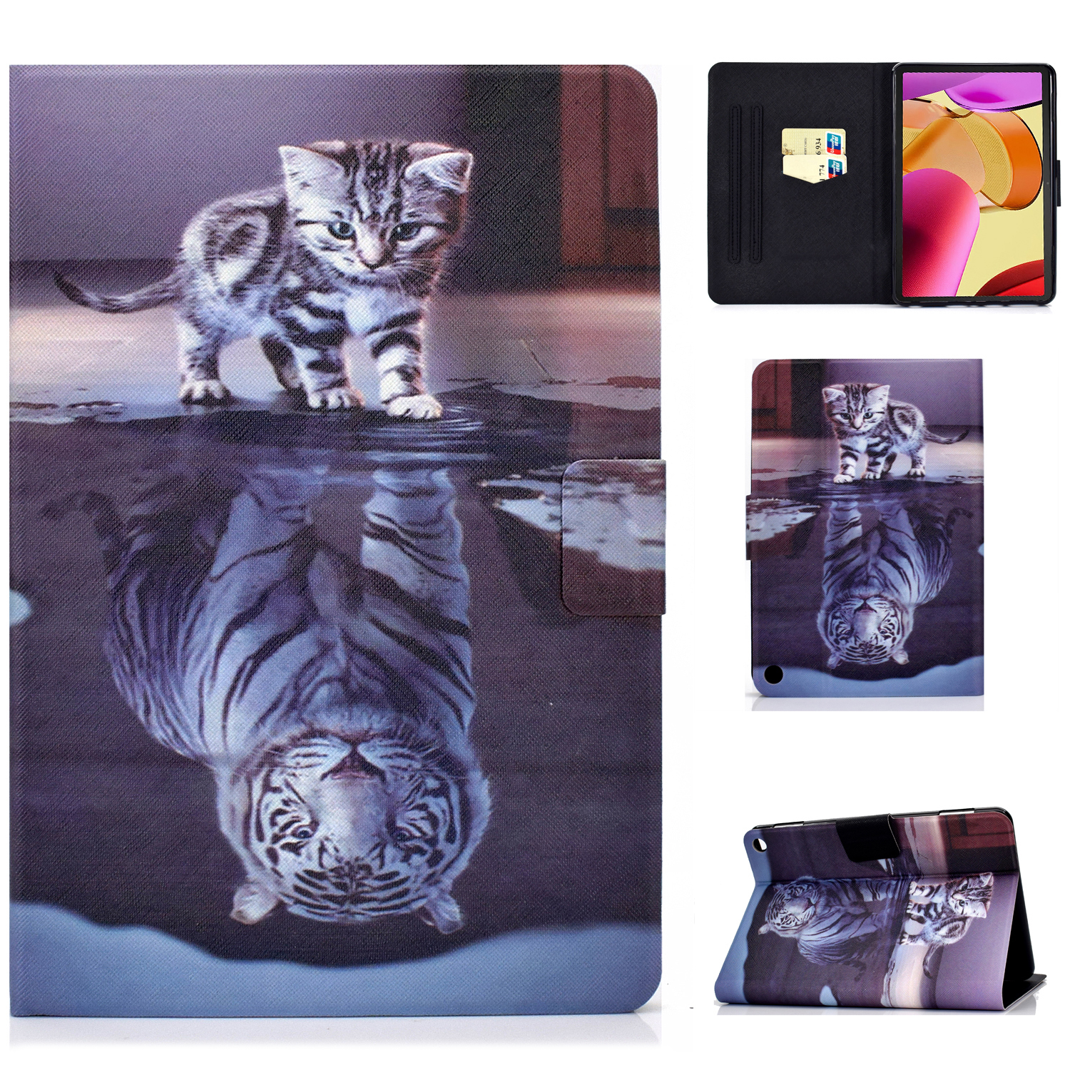 

A1 Stoßdämpfer Hülle Für Amazon Fire Max 11 PU Lederabdeckungsmuster Gedruckter Tablet -ständer Mit Kartenschlitzen - Katze Und Tiger, Amazon Fire Max 11