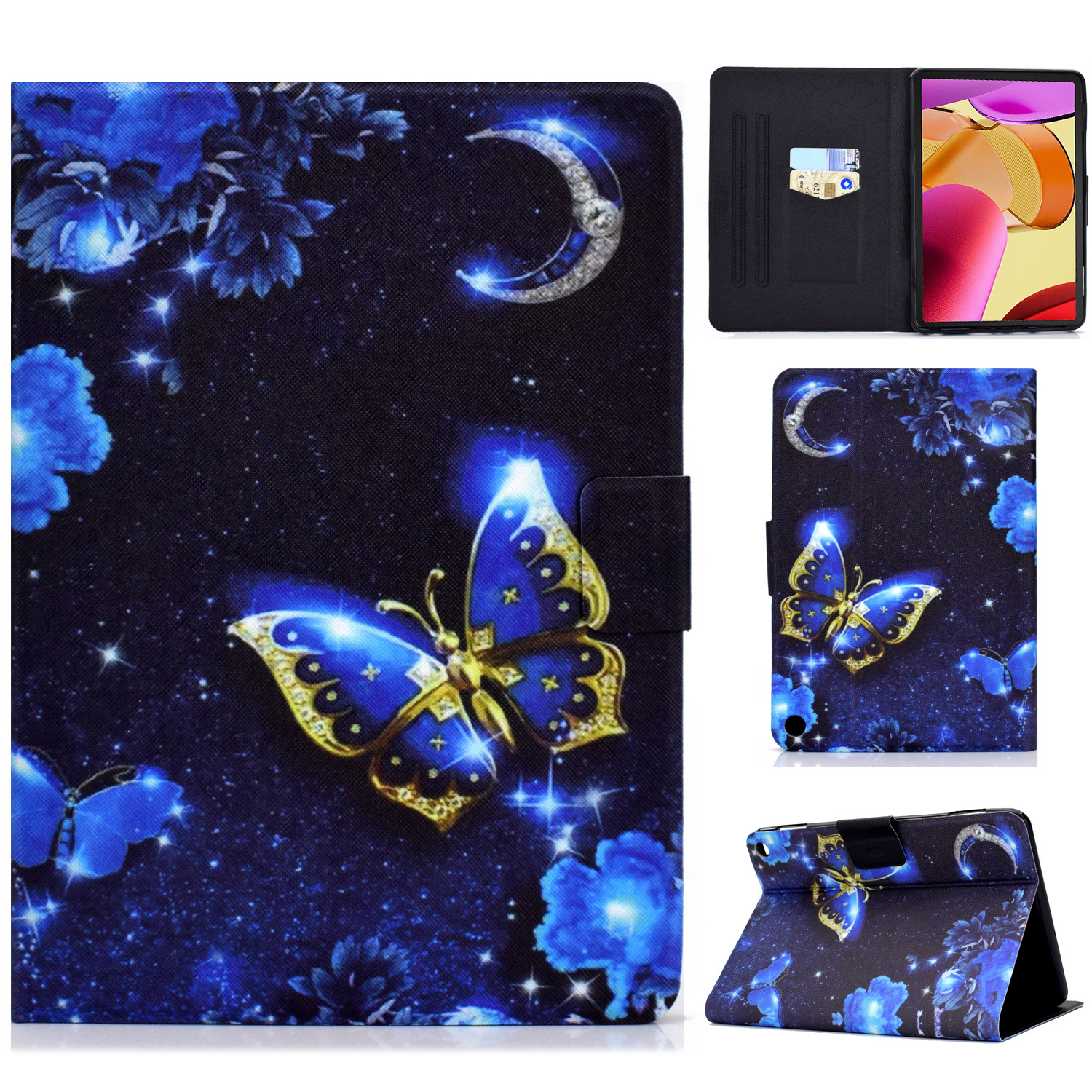 

A1 Stoßdämpfer Hülle Für Amazon Fire Max 11 PU Lederabdeckungsmuster Gedruckter Tablet -ständer Mit Kartenschlitzen - Blauer Schmetterling, Amazon Fire Max 11