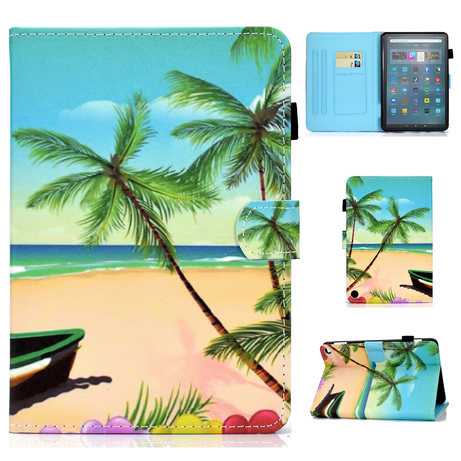

Stichmuster Druckschockdicht Koffer Für Amazon Fire Max 11 PU Leder Tablet Cover Mit Standkartenhalter - Sandstrand, Amazon Fire Max 11