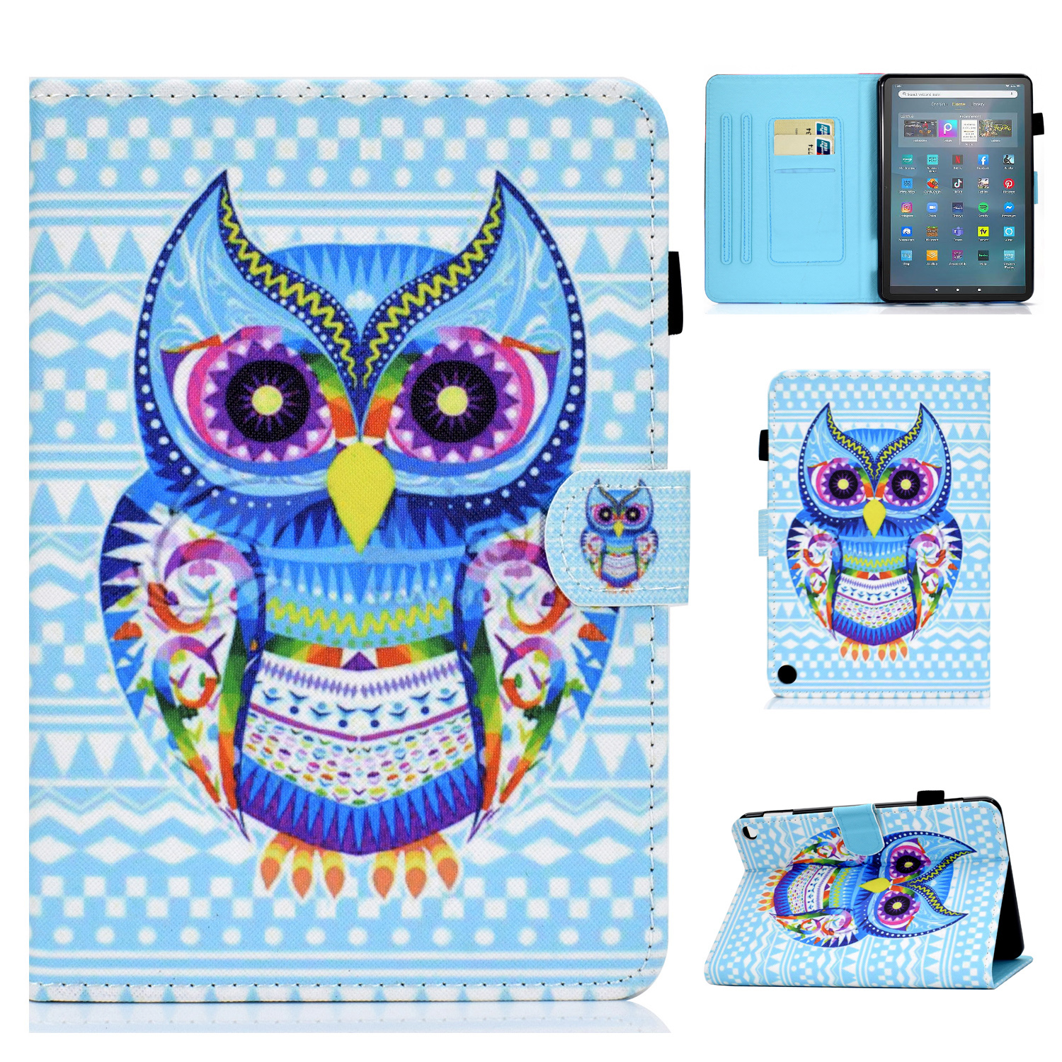 

Stichmuster Druckschockdicht Koffer Für Amazon Fire Max 11 PU Leder Tablet Cover Mit Standkartenhalter - Farbenfrohe Eule, Amazon Fire Max 11