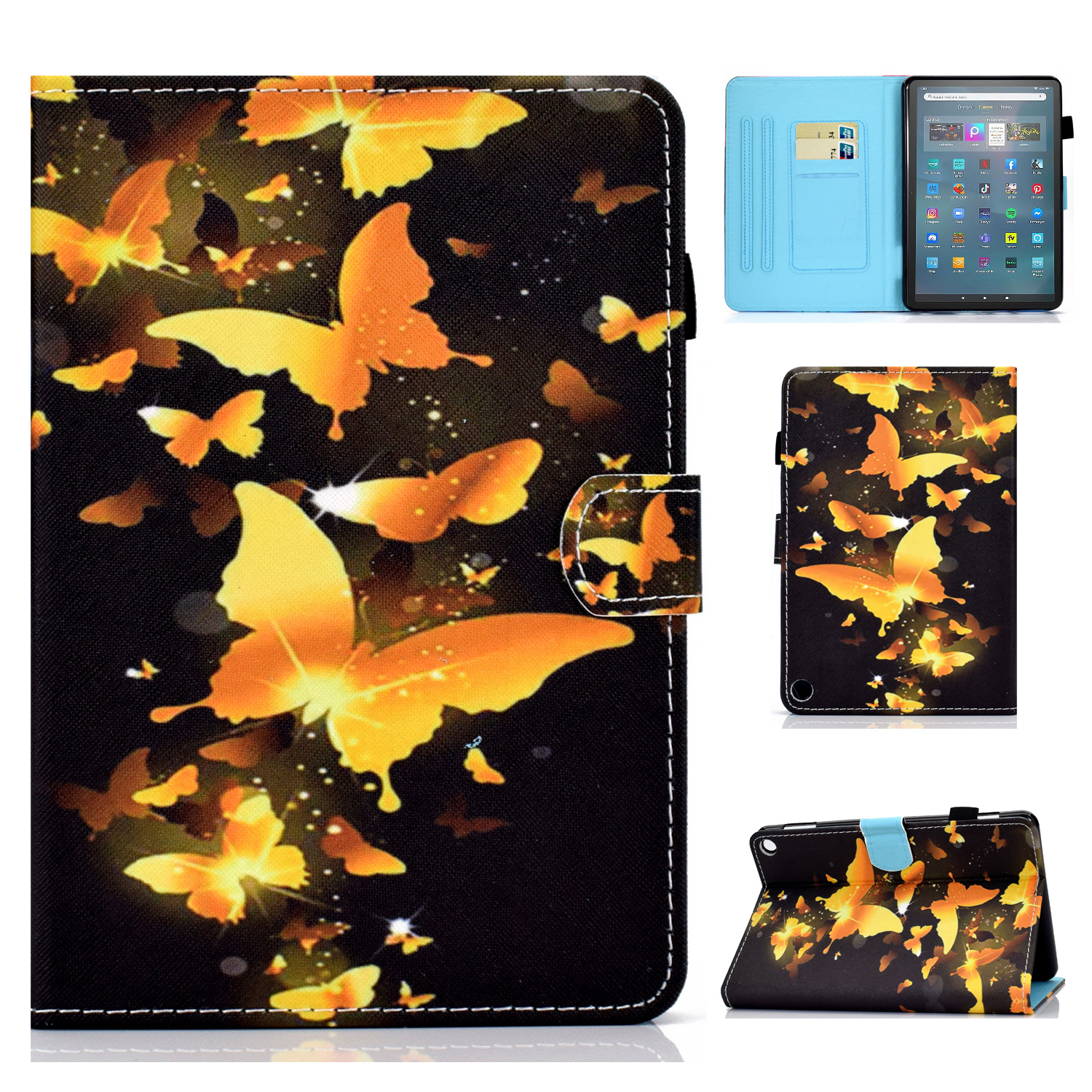 

Stichmuster Druckschockdicht Koffer Für Amazon Fire Max 11 PU Leder Tablet Cover Mit Standkartenhalter - Goldene Schmetterlinge, Amazon Fire Max 11
