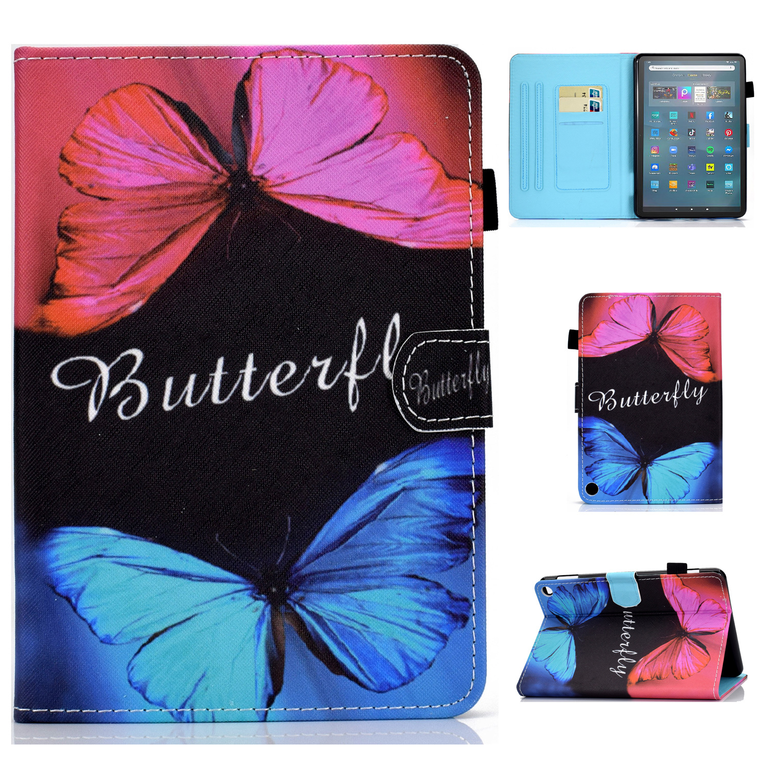

Stichmuster Druckschockdicht Koffer Für Amazon Fire Max 11 PU Leder Tablet Cover Mit Standkartenhalter - Rot & Blauer Schmetterling, Amazon Fire Max 11