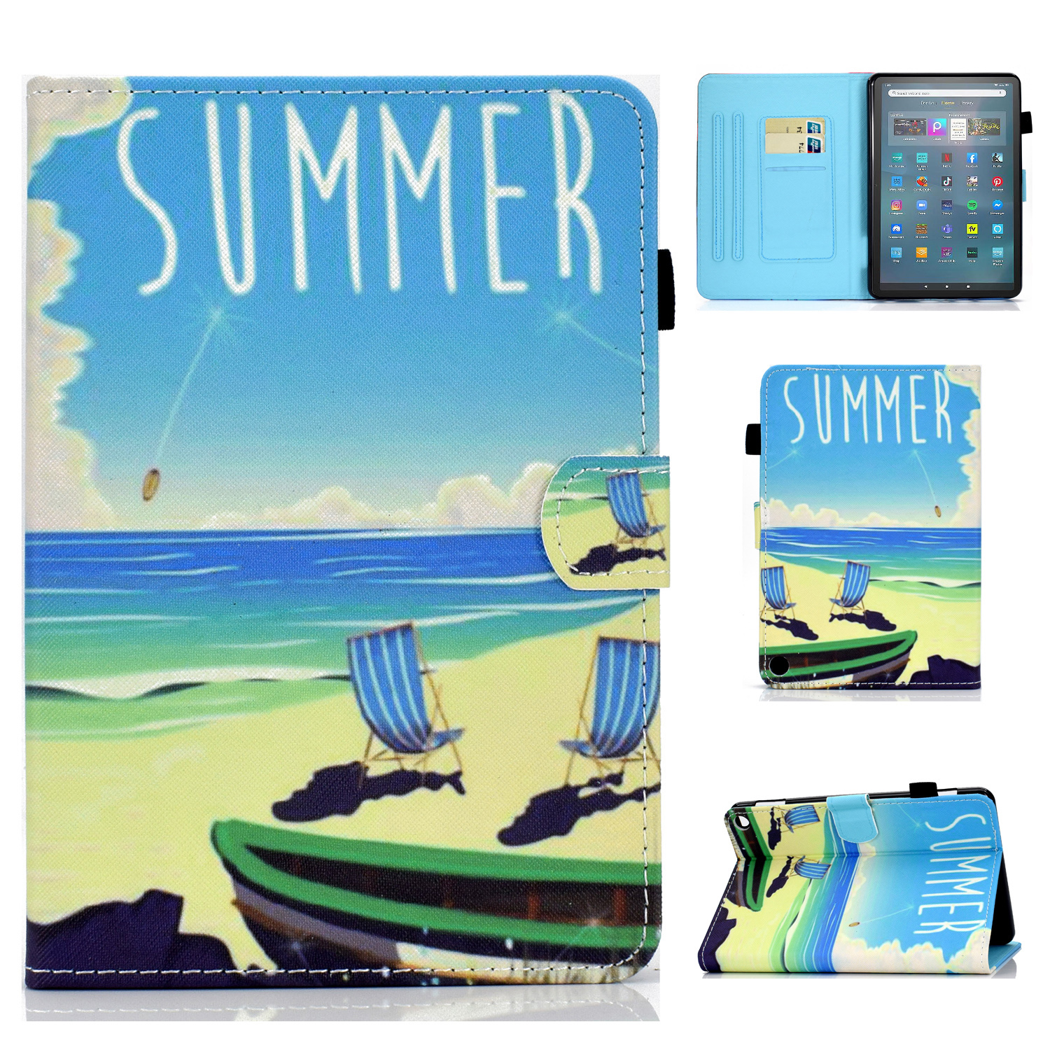 

Stichmuster Druckschockdicht Koffer Für Amazon Fire Max 11 PU Leder Tablet Cover Mit Standkartenhalter - Strand, Amazon Fire Max 11
