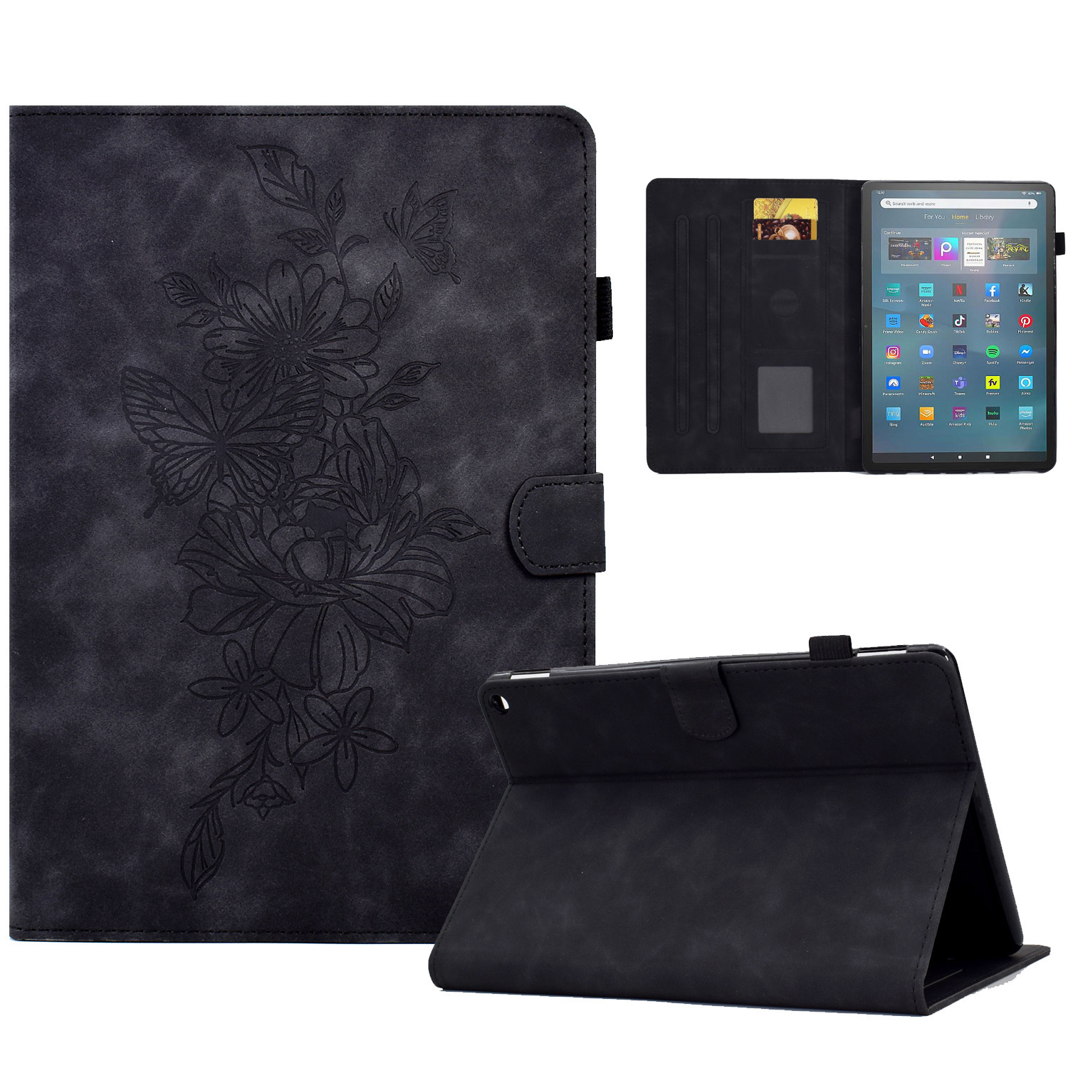 

A3 Für Amazon Fire Max 11 PU Leder Flip Cover Blume Schmetterling Eingeprägter Anti-dorp-tablet Hülle - Schwarz, Amazon Fire Max 11