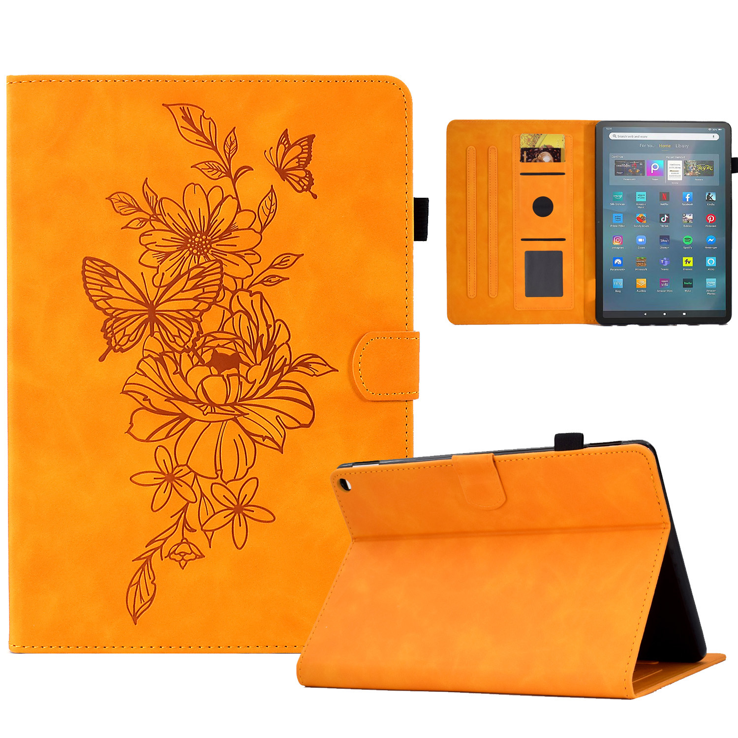 

A3 Für Amazon Fire Max 11 PU Leder Flip Cover Blume Schmetterling Eingeprägter Anti-dorp-tablet Hülle - Khaki, Amazon Fire Max 11
