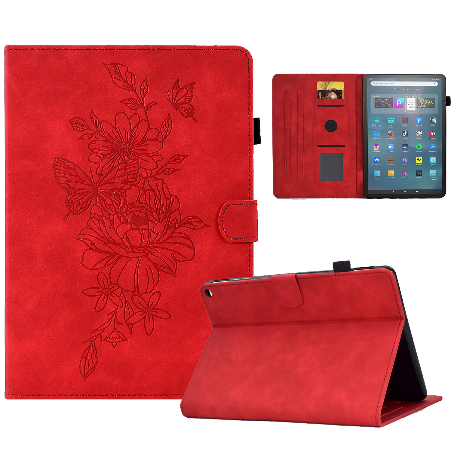 

A3 Für Amazon Fire Max 11 PU Leder Flip Cover Blume Schmetterling Eingeprägter Anti-dorp-tablet Hülle - Rot, Amazon Fire Max 11
