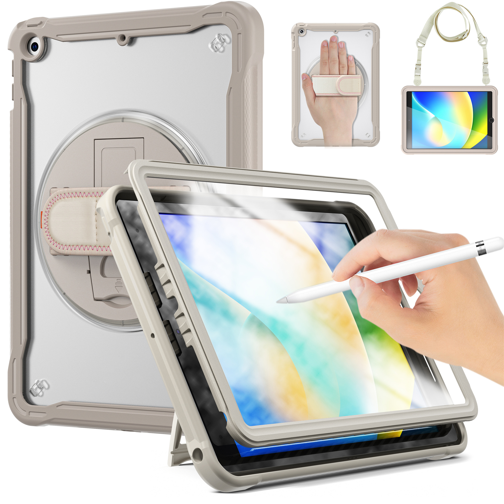 

Für Das Ipad 10.2 (2021) /(2019) /(2020) Schockdosenhülle Rotierender Kickstand PC+TPU -handbandabdeckung Mit Schultergurt - Khaki, iPad 10.2 (2021)
