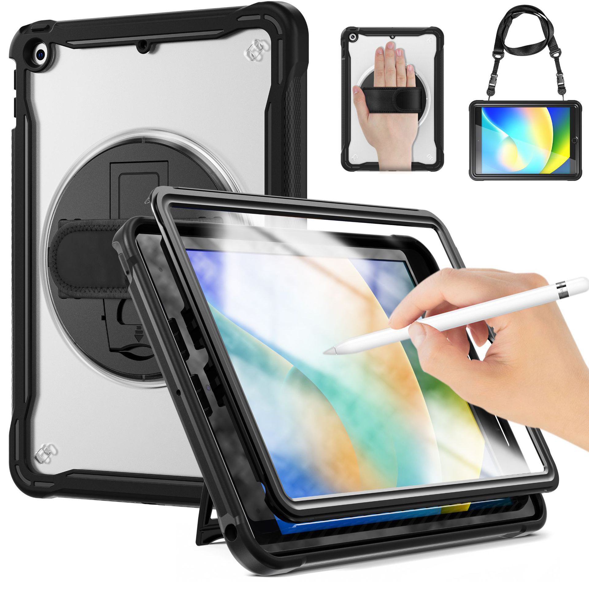 

Tablet -hülle Für Ipad 10.2 (2021) /(2020) /(2019), PC+TPU Drehung Mit Handband / Schulterriemen - Schwarz, iPad 10.2 (2021)