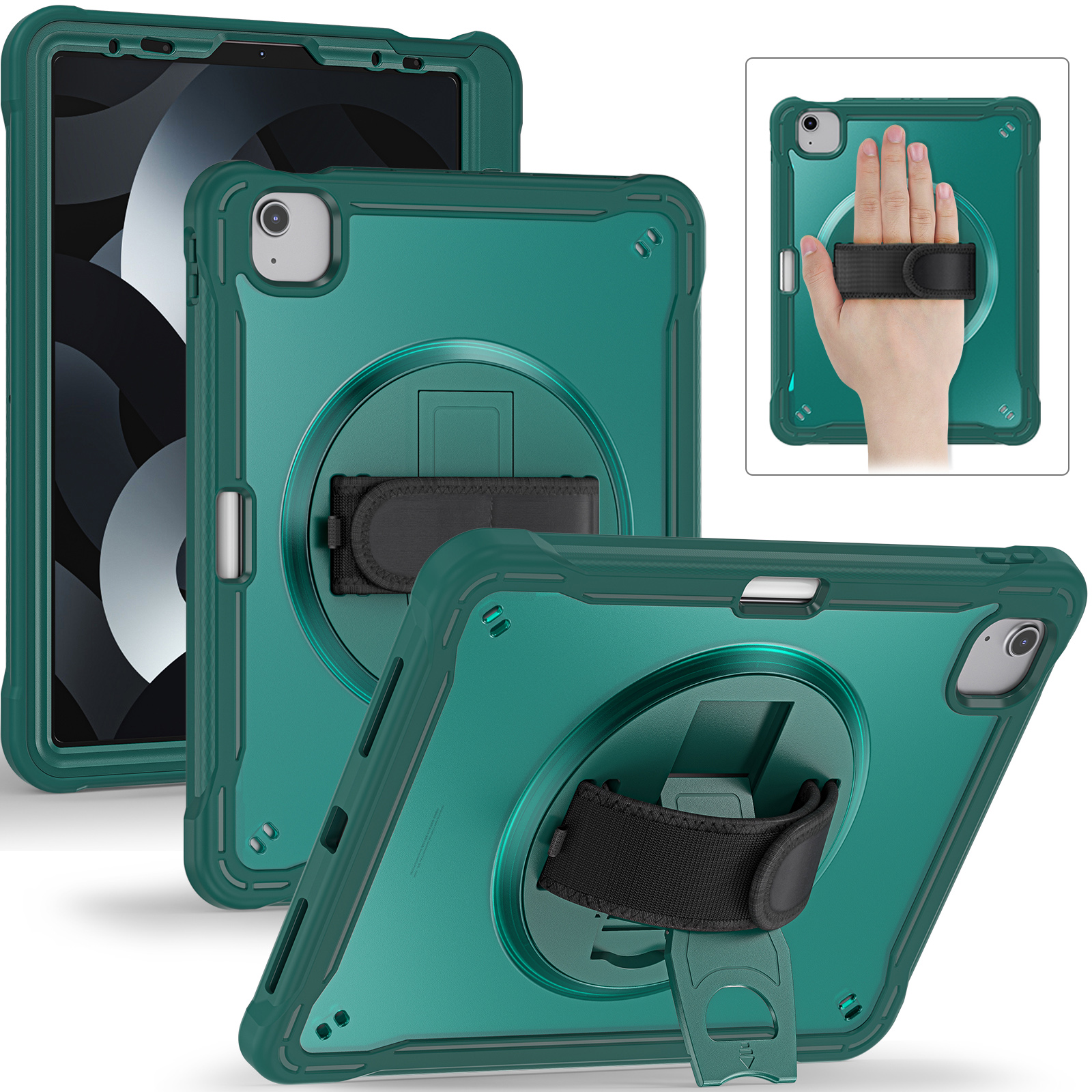 

kickstand -cover für ipad air (2020) /(2022) / ipad pro 11 (2018) /(2020) /(2021) /(2022), pc+tpu -tablet -hülle mit handgurt - mitternacht grün, iPad Pro 11-inch (2018)