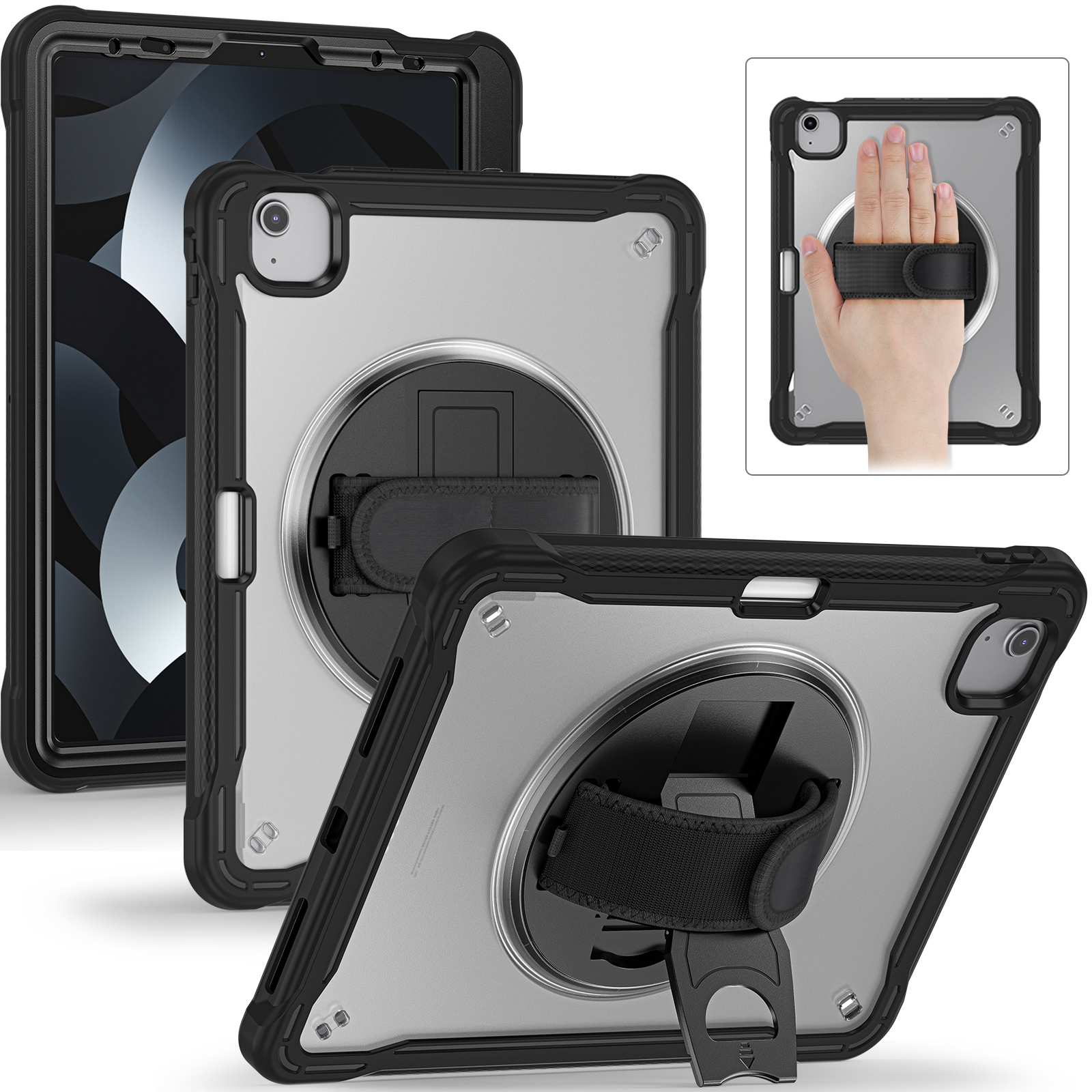 

kickstand -cover für ipad air (2020) /(2022) / ipad pro 11 (2018) /(2020) /(2021) /(2022), pc+tpu -tablet -hülle mit handgurt - schwarz, iPad Pro 11-inch (2018)