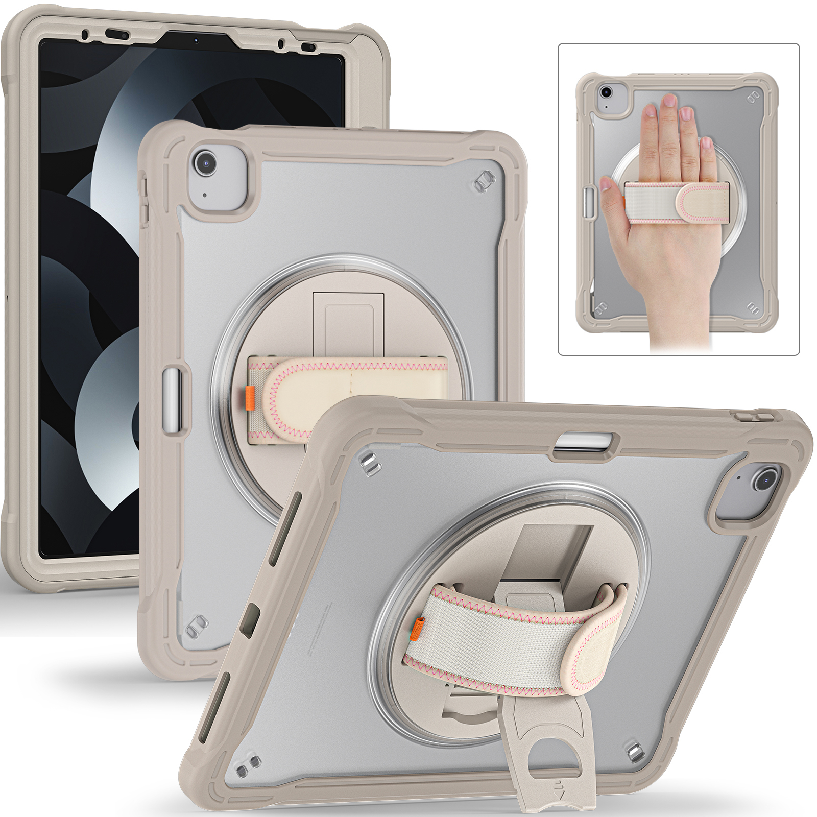 

kickstand -cover für ipad air (2020) /(2022) / ipad pro 11 (2018) /(2020) /(2021) /(2022), pc+tpu -tablet -hülle mit handgurt - khaki, iPad Pro 11-inch (2018)
