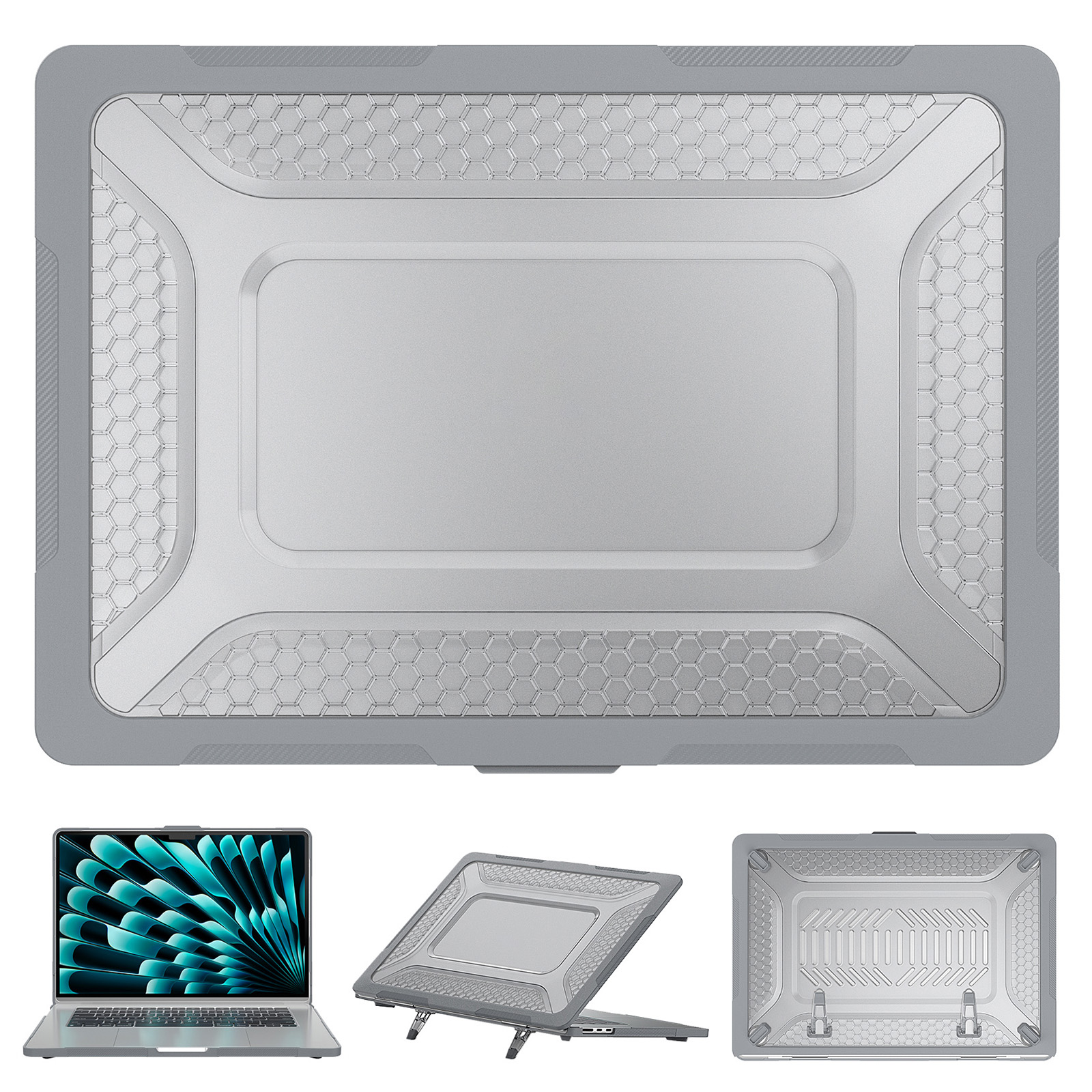 

Für Macbook Air 15-zoll (2023) M2 A2941 Anti-schlupf-laptop-hülle Wabe Wärmemittelissipation Kickstand Pc+tpu-abdeckung - Grau, Macbook Air 15 inch (2023)