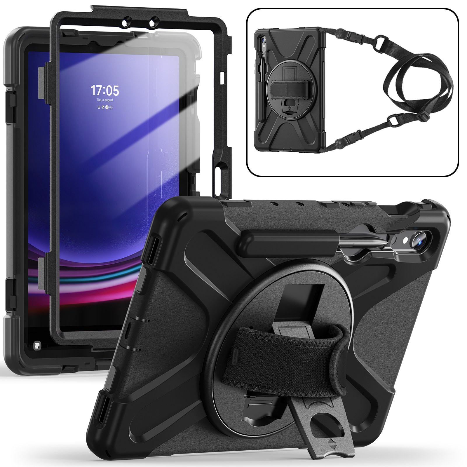 

Für Samsung Samsung Galaxy Tab S9 X710 / S8 X700 / S7 T870 Pc+silicon Tablet Case Kickstand Cover Mit Handgurt / Schulterriemen - Schwarz, Galaxy Tab S9