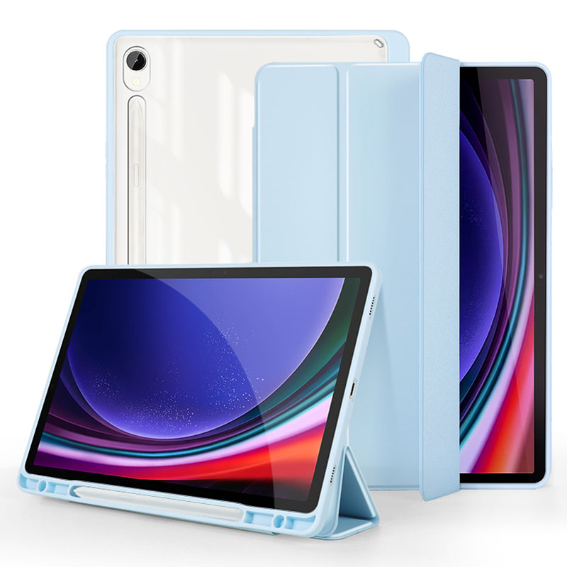 

Für Samsung Galaxy Tab S9 Schutz Tablet Case Tri-Fold Stand PC+TPU+PU Clear Back Flip Cover - Baby Blau, Galaxy Tab S9