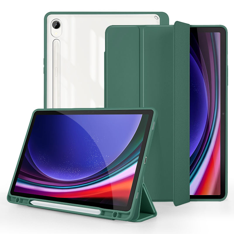 

Für Samsung Galaxy Tab S9 Schutz Tablet Case Tri-Fold Stand PC+TPU+PU Clear Back Flip Cover - Mitternacht Grün, Galaxy Tab S9