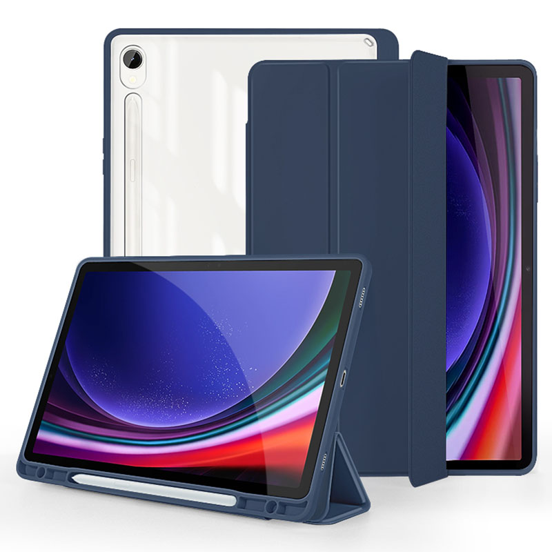 

Für Samsung Galaxy Tab S9 Schutz Tablet Case Tri-Fold Stand PC+TPU+PU Clear Back Flip Cover - Dunkelblau, Galaxy Tab S9