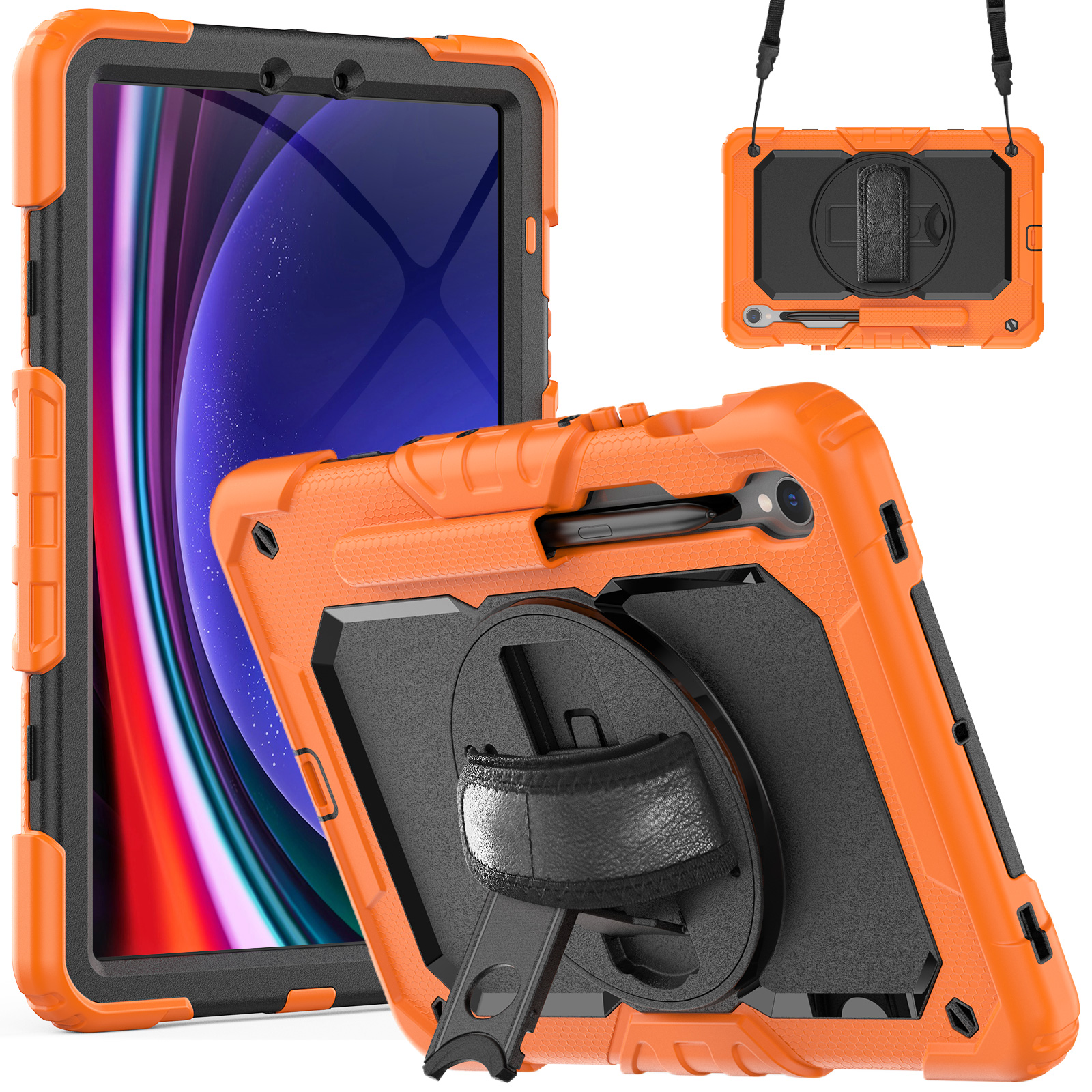 

Für Samsung Galaxy Tab S9 (x710 / X716b / X718u) Pc+silicon Kickstand Hülle Anti-drop-tablet-cover Mit Pet-screenfilm - Orange, Galaxy Tab S9