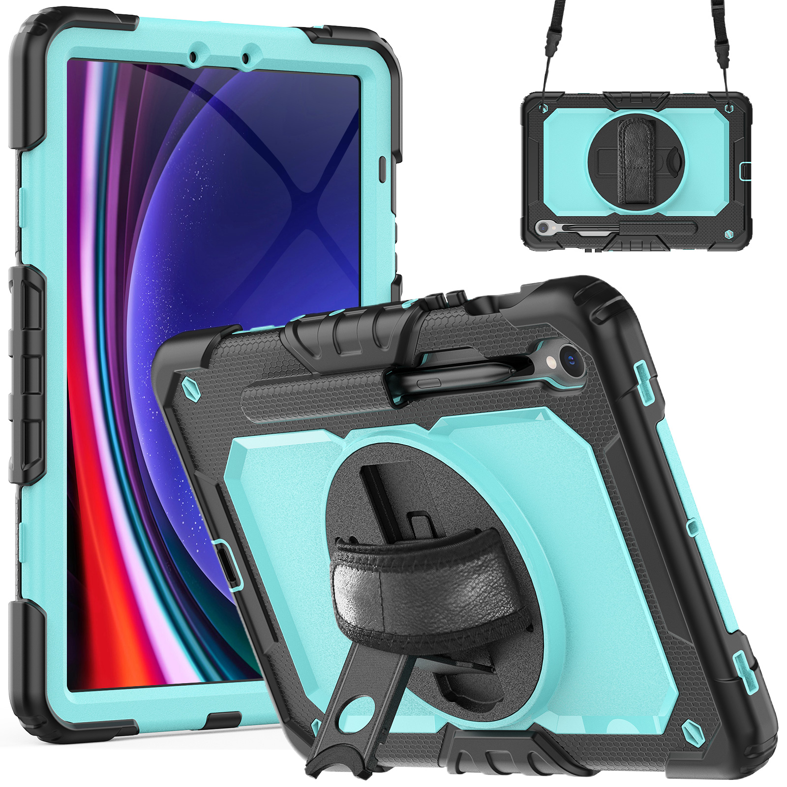 

Für Samsung Galaxy Tab S9 (x710 / X716b / X718u) Pc+silicon Kickstand Hülle Anti-drop-tablet-cover Mit Pet-screenfilm - Schwarz / Baby Blau, Galaxy Tab S9