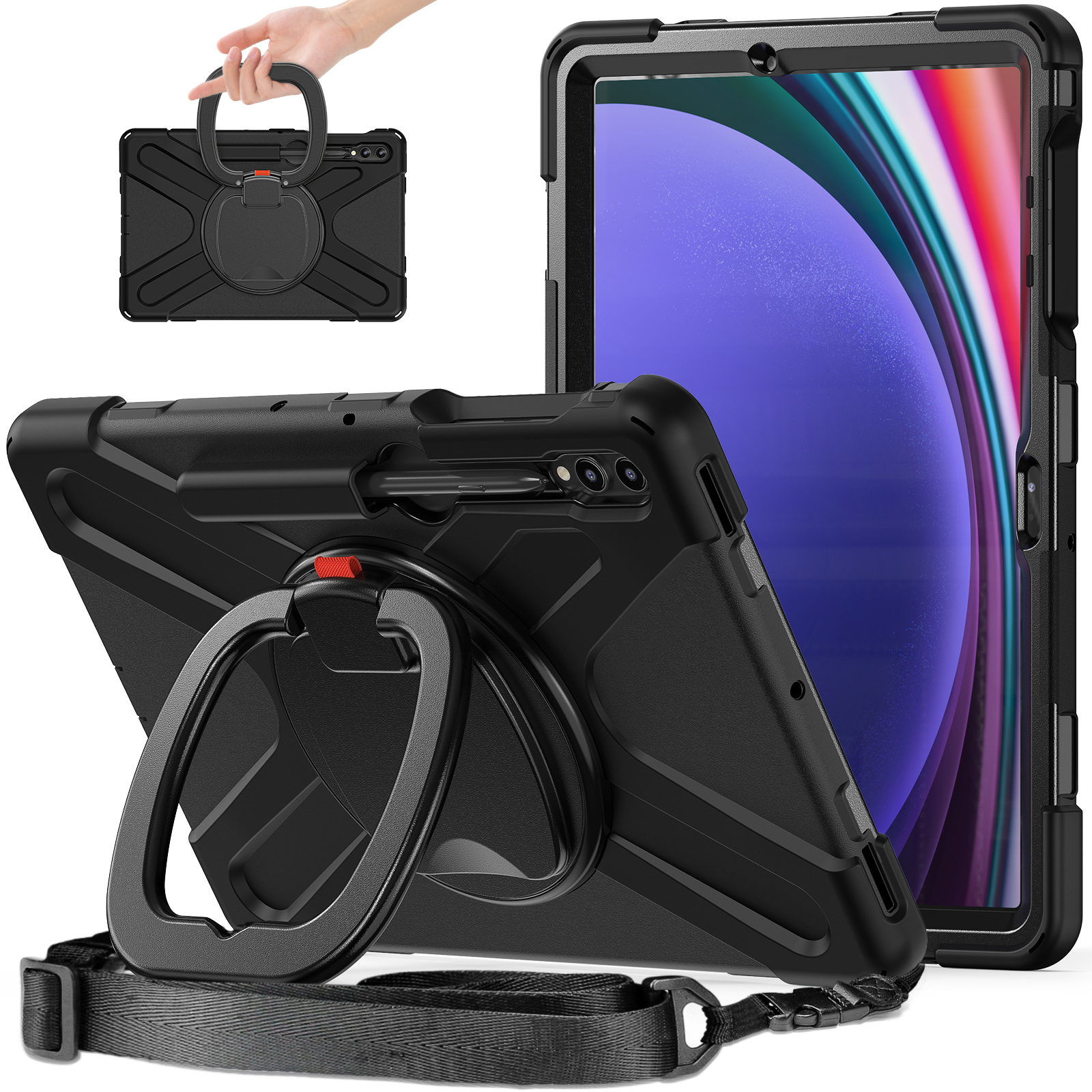 

Für Samsung Samsung Galaxy Tab S9+ / S8+ / S7+ / S7 fe Kickstand Tablet Hülle Schockdichte Pc+silikonabdeckung, Schultergurt - Schwarz, Galaxy Tab S9+