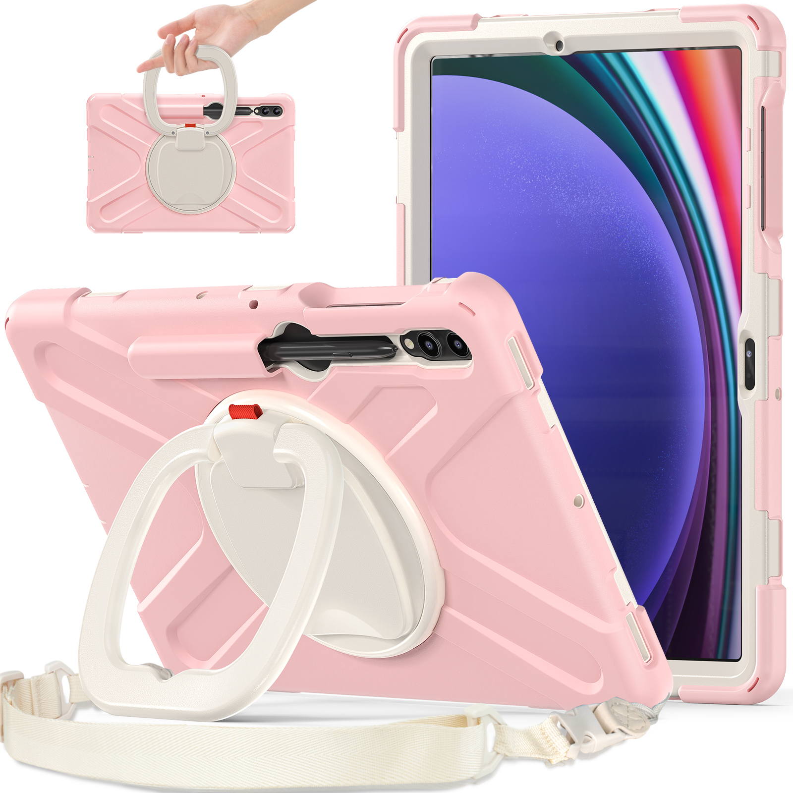 

Für Samsung Samsung Galaxy Tab S9+ / S8+ / S7+ / S7 fe Kickstand Tablet Hülle Schockdichte Pc+silikonabdeckung, Schultergurt - Rosa / Weiß, Galaxy Tab S9+