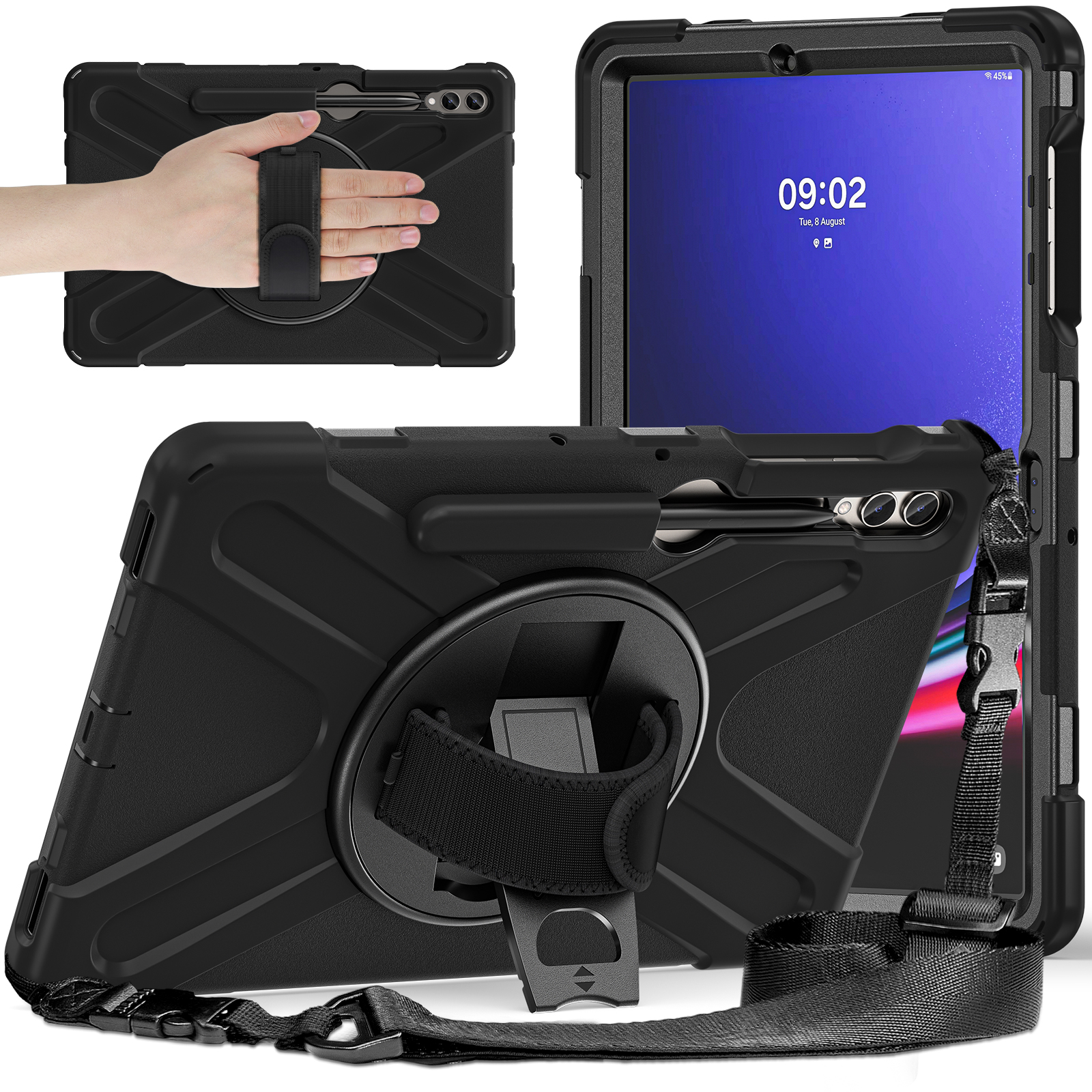 

Für Samsung Galaxy Tab S9+ / S8+ / S7+ / S7 fe Schockdichte Pc+silikon Rugged Tablet Hülle Mit Handband / Schulterriemen - Schwarz, Galaxy Tab S9+
