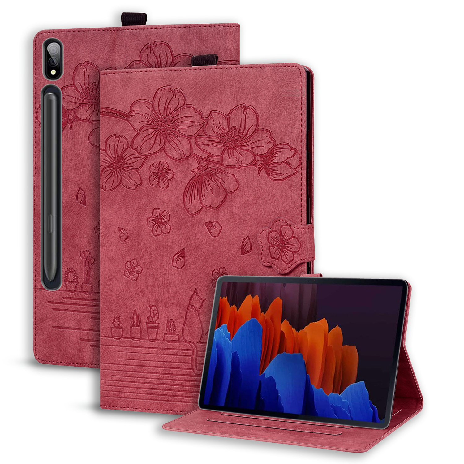 

Für Samsung Galaxy Tab S9+ PU Leder Kartenhalter Abdeckung Blume Katze Geprägte Tablet Stand Hülle - Weinrot, Galaxy Tab S9+
