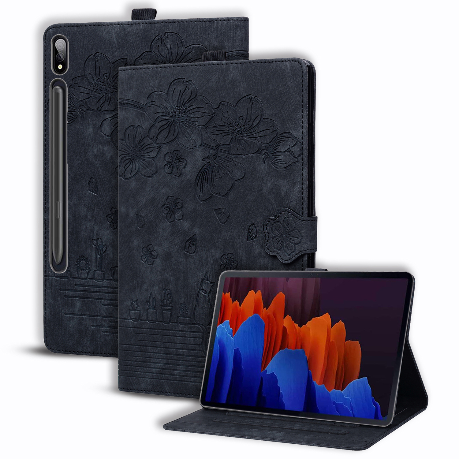 

Für Samsung Galaxy Tab S9+ PU Leder Kartenhalter Abdeckung Blume Katze Geprägte Tablet Stand Hülle - Schwarz, Galaxy Tab S9+