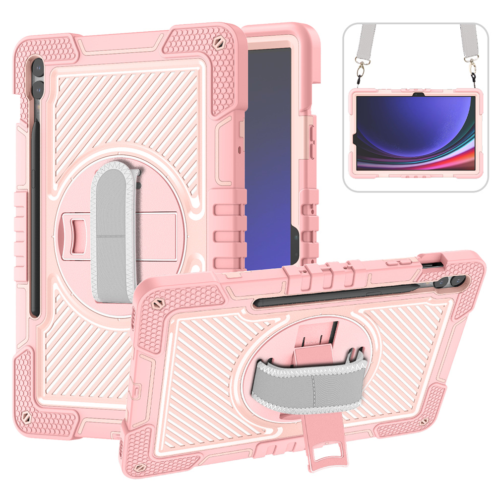 Protective Kickstand Case for Samsung Galaxy Tab S9+ Anti-Drop Silicone+PC Tablet Cover with Wrist Band   Shoulder Strap - Rose Gold