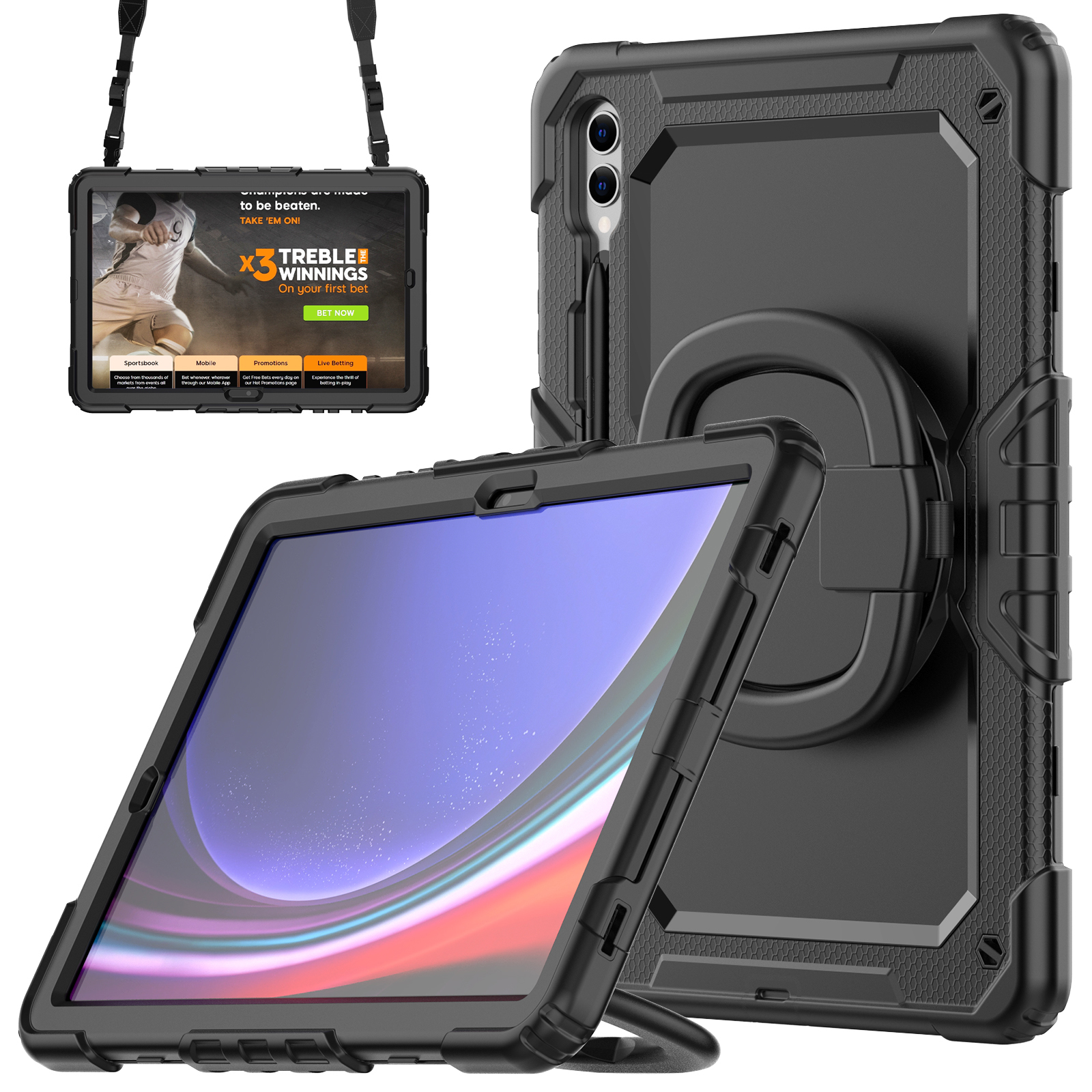 

Für Samsung Samsung Galaxy Tab S9+ SM-X810 / X816b / X818U Pc+silicon Tablet Hülle Handgriff Kickstand Mit Schultergurt - Schwarz, Galaxy Tab S9+