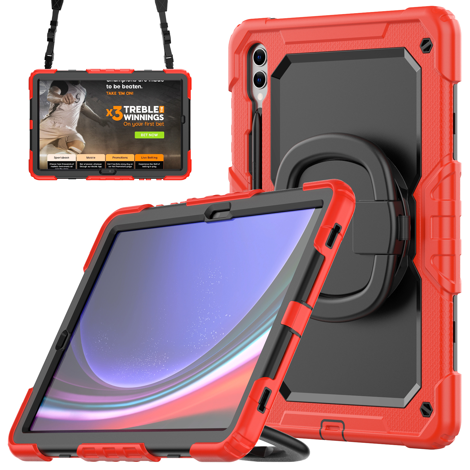 

Für Samsung Samsung Galaxy Tab S9+ SM-X810 / X816b / X818U Pc+silicon Tablet Hülle Handgriff Kickstand Mit Schultergurt - Rot, Galaxy Tab S9+
