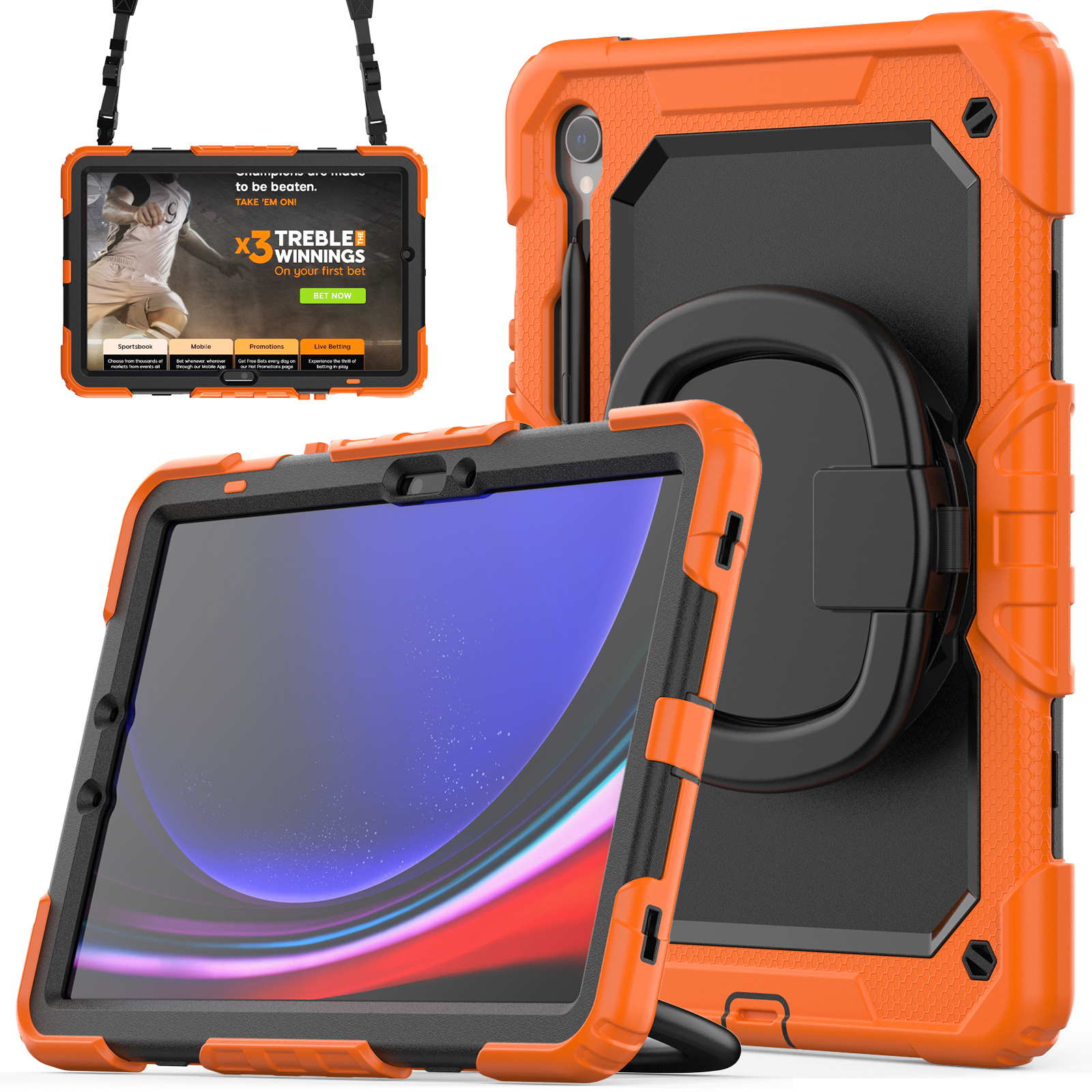 

Für Samsung Galaxy Tab S9 X710 / X716b / X718U Stoßdichtungssicherer Kickstand Tablet Cover Pc+silikonhybridhülle Mit Schultergurt - Orange, Galaxy Tab S9