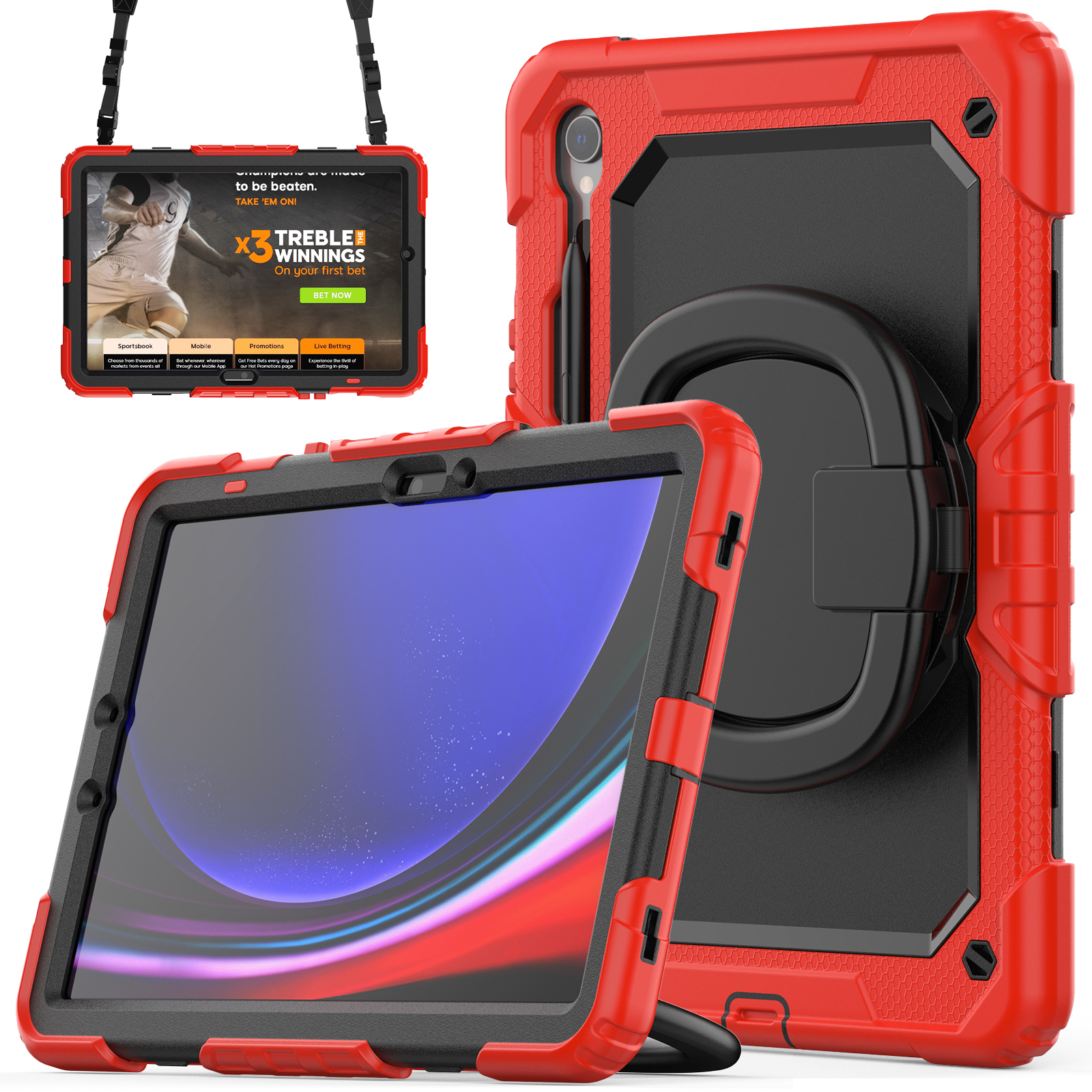 

Für Samsung Galaxy Tab S9 X710 / X716b / X718U Stoßdichtungssicherer Kickstand Tablet Cover Pc+silikonhybridhülle Mit Schultergurt - Rot, Galaxy Tab S9