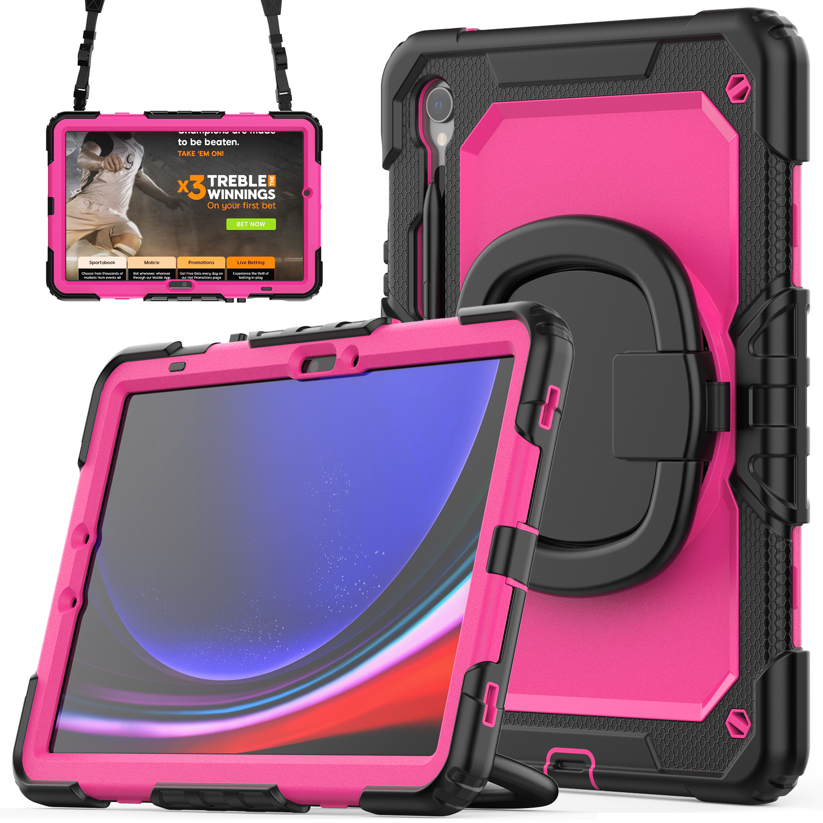 

Für Samsung Galaxy Tab S9 X710 / X716b / X718U Stoßdichtungssicherer Kickstand Tablet Cover Pc+silikonhybridhülle Mit Schultergurt - Schwarz+rose -pc, Galaxy Tab S9