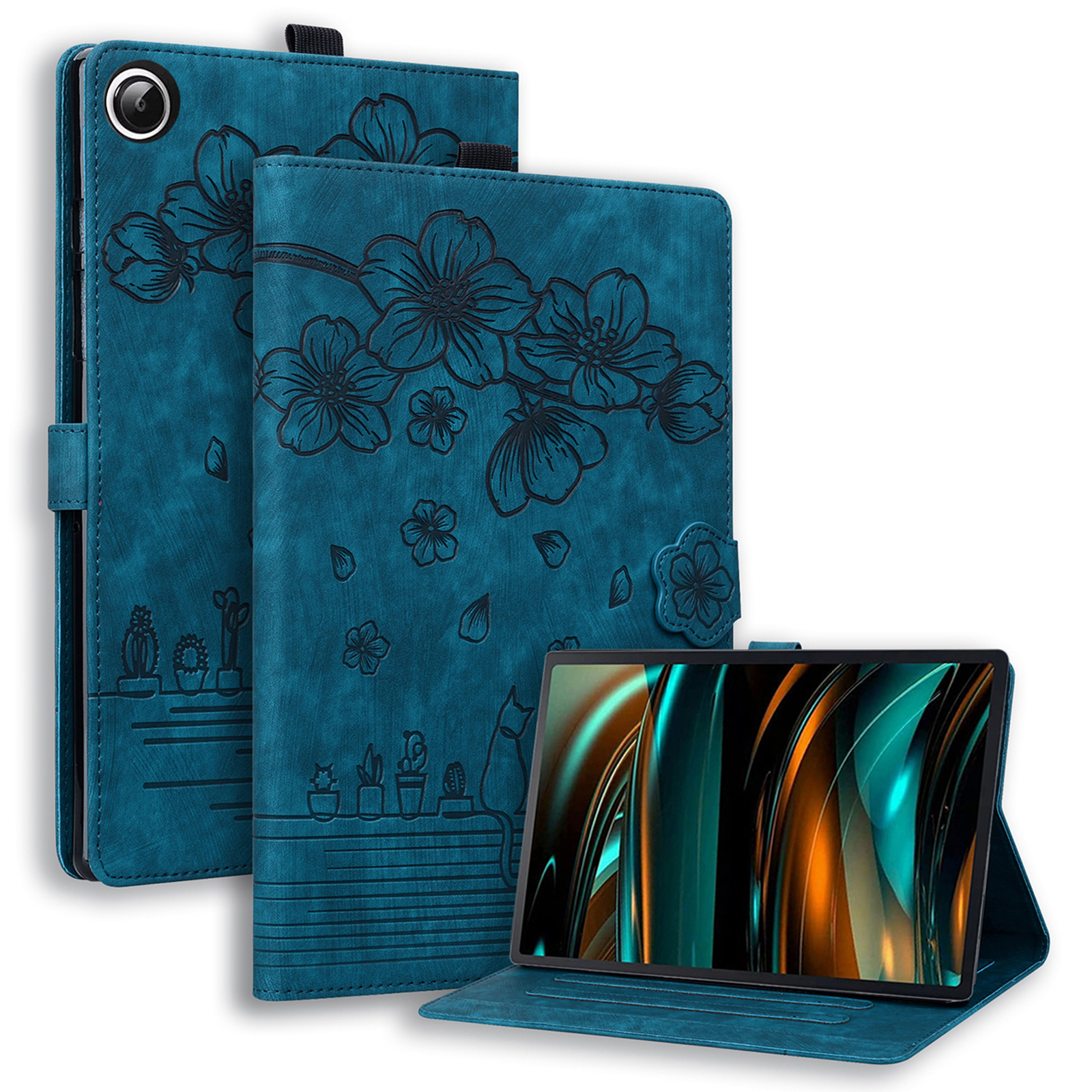 

Für Samsung Galaxy Tab A9 PU Leder Tablet Hülle Kartenhalter Ständer Blumenkatze Impressum Tablet Deckung - Saphir, Galaxy Tab A9