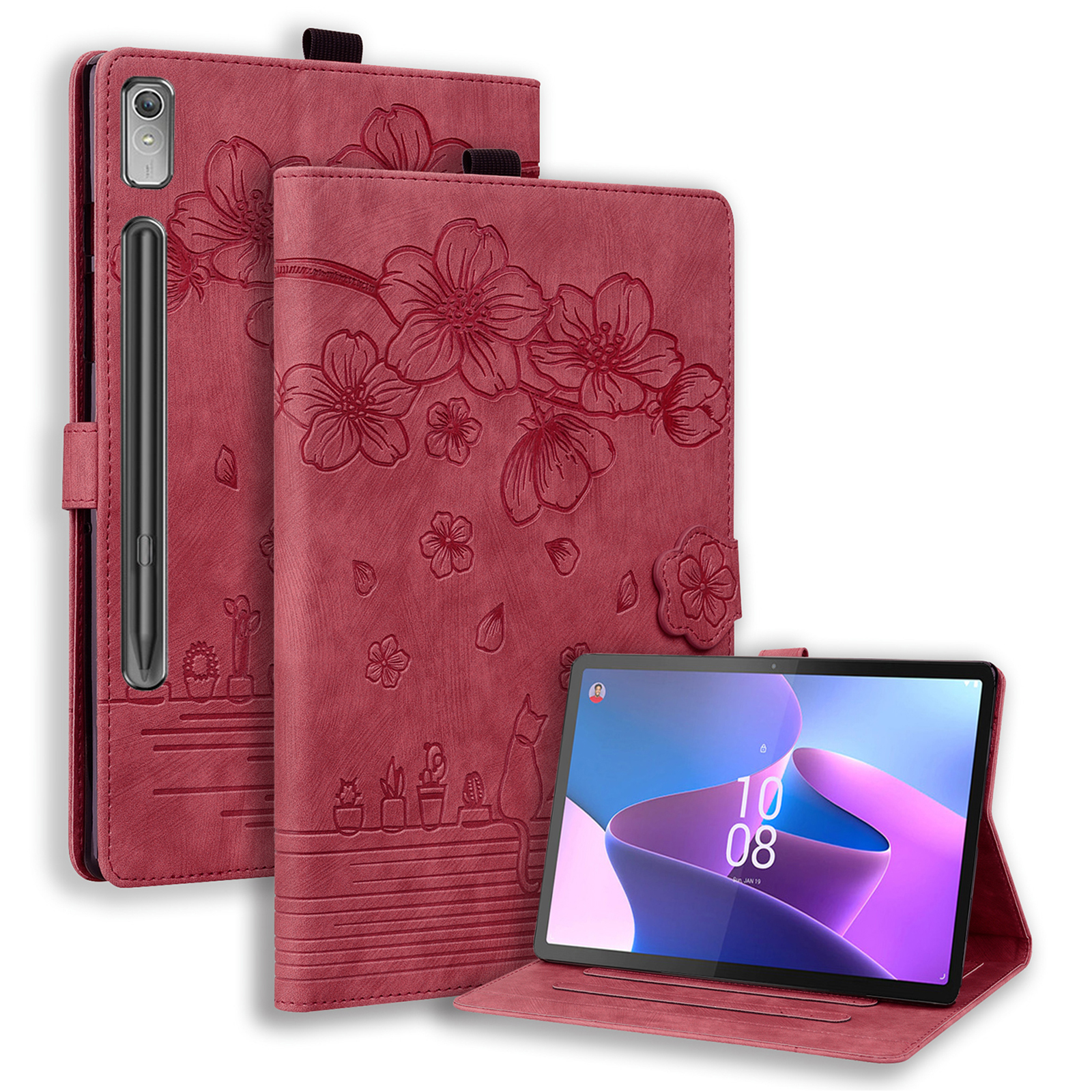 

Für Lenovo Tab P12 -karten -slots PU Leder Tablet Hülle Blumenkatze Abdruck Tablet Deckung - Weinrot, Lenovo Tab P12