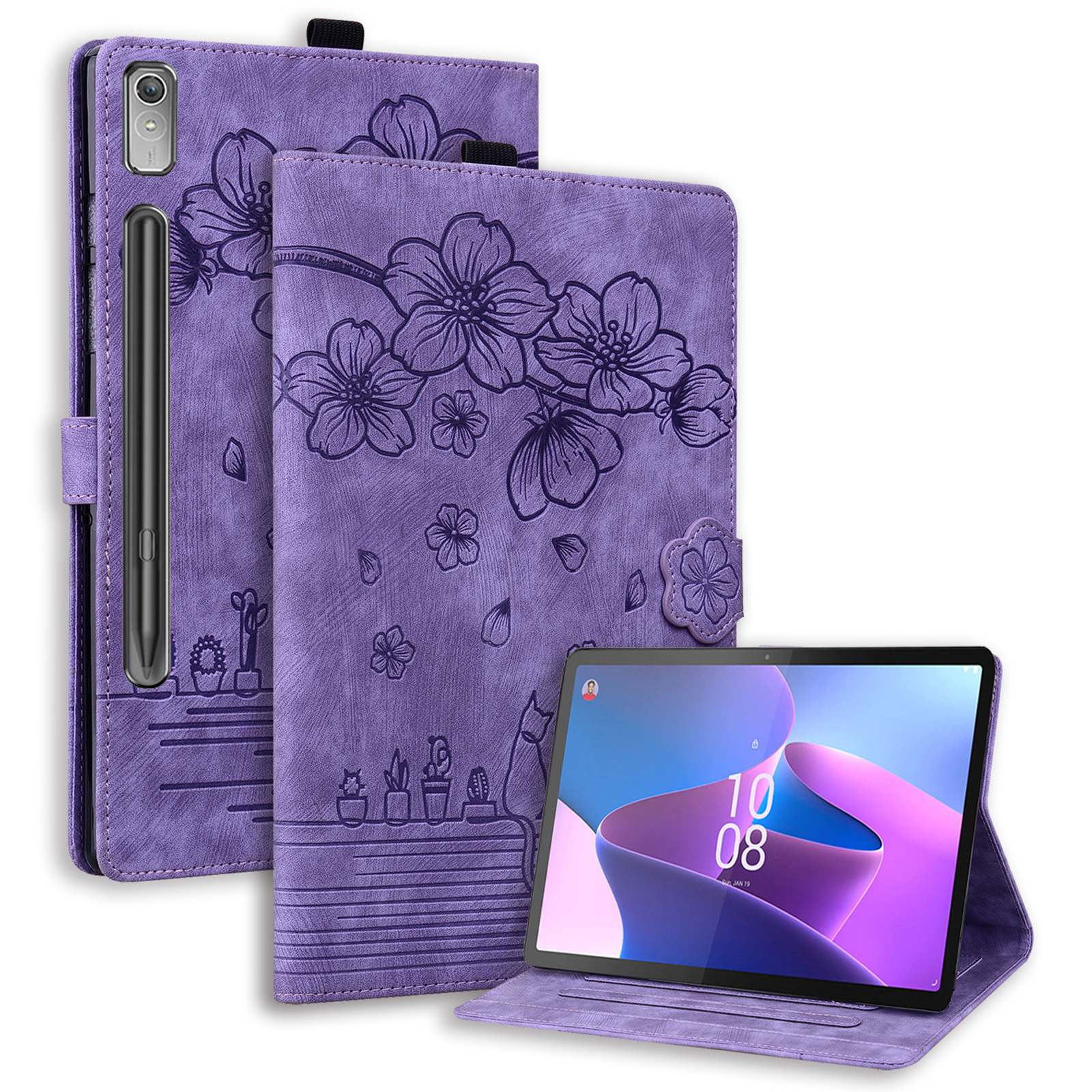 

Für Lenovo Tab P12 -karten -slots PU Leder Tablet Hülle Blumenkatze Abdruck Tablet Deckung - Lila, Lenovo Tab P12