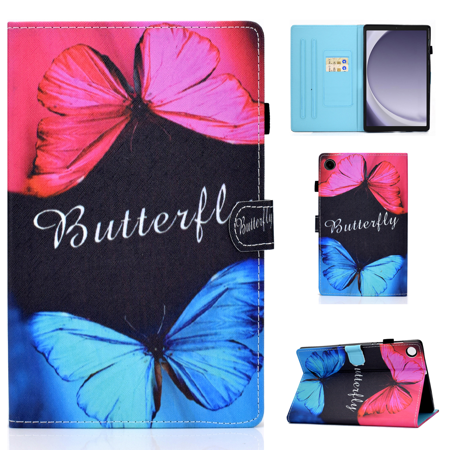 

Für Samsung Galaxy Tab A9 PU Leather Hülle Halt Kartenhalter Muster Tablet Deckung - Rot & Blauer Schmetterling, Galaxy Tab A9