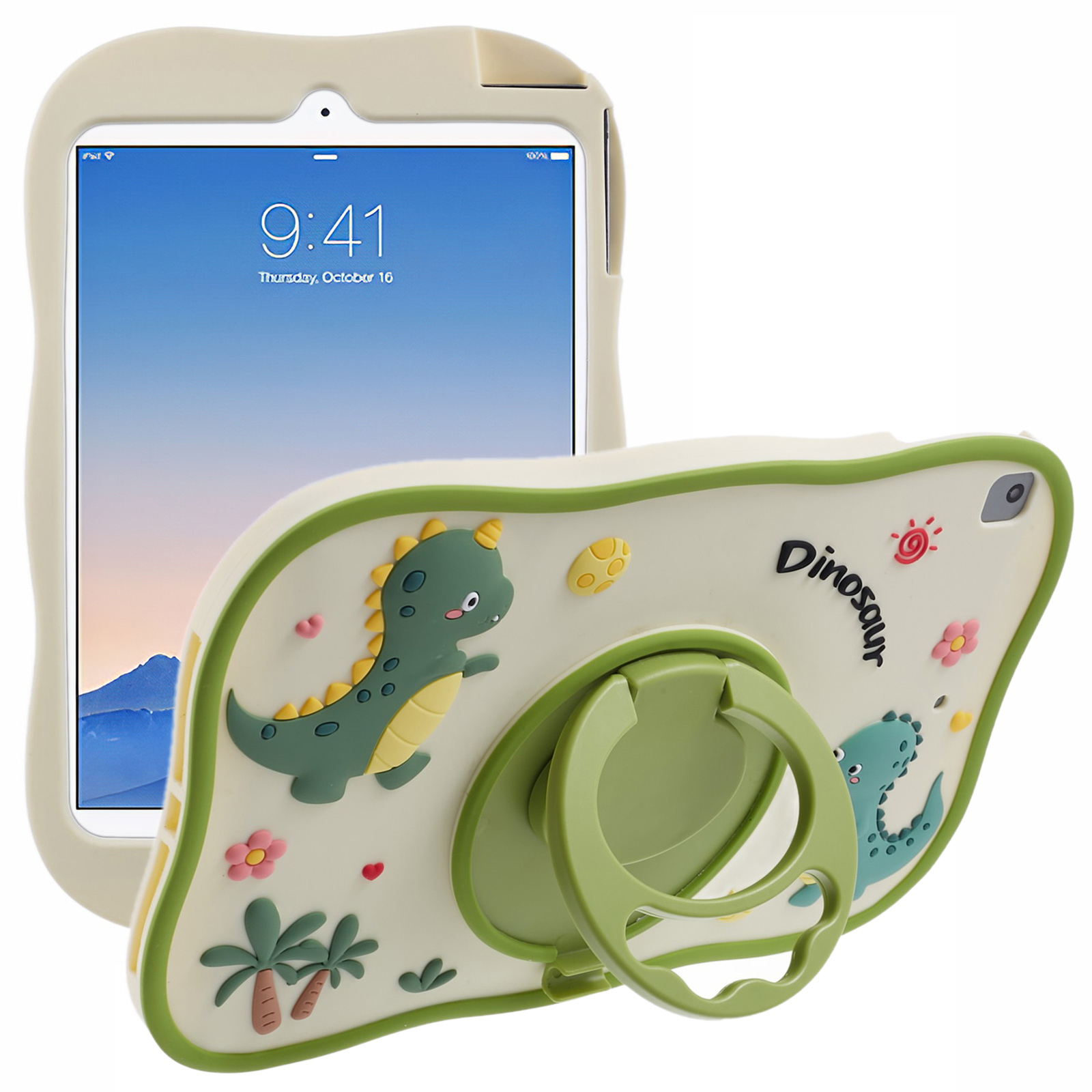 For iPad 9.7-inch (2017) / (2018) / iPad Air (2013) / Air 2 Case PC+Silicone Rotary Kickstand Dinosaur Tablet Cover