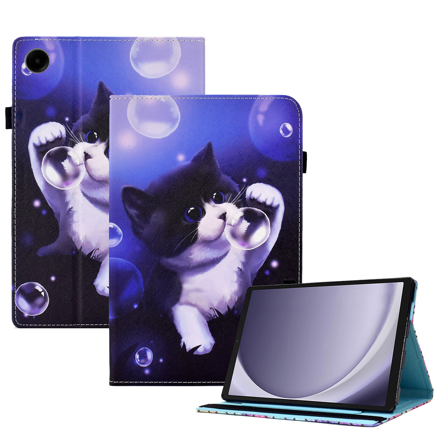 

Für Samsung Galaxy Tab A9+ PU Leder -ständer Deckung Elastischer Bandmuster Drucktablette Hülle - Blase Und Katze, Galaxy Tab A9+