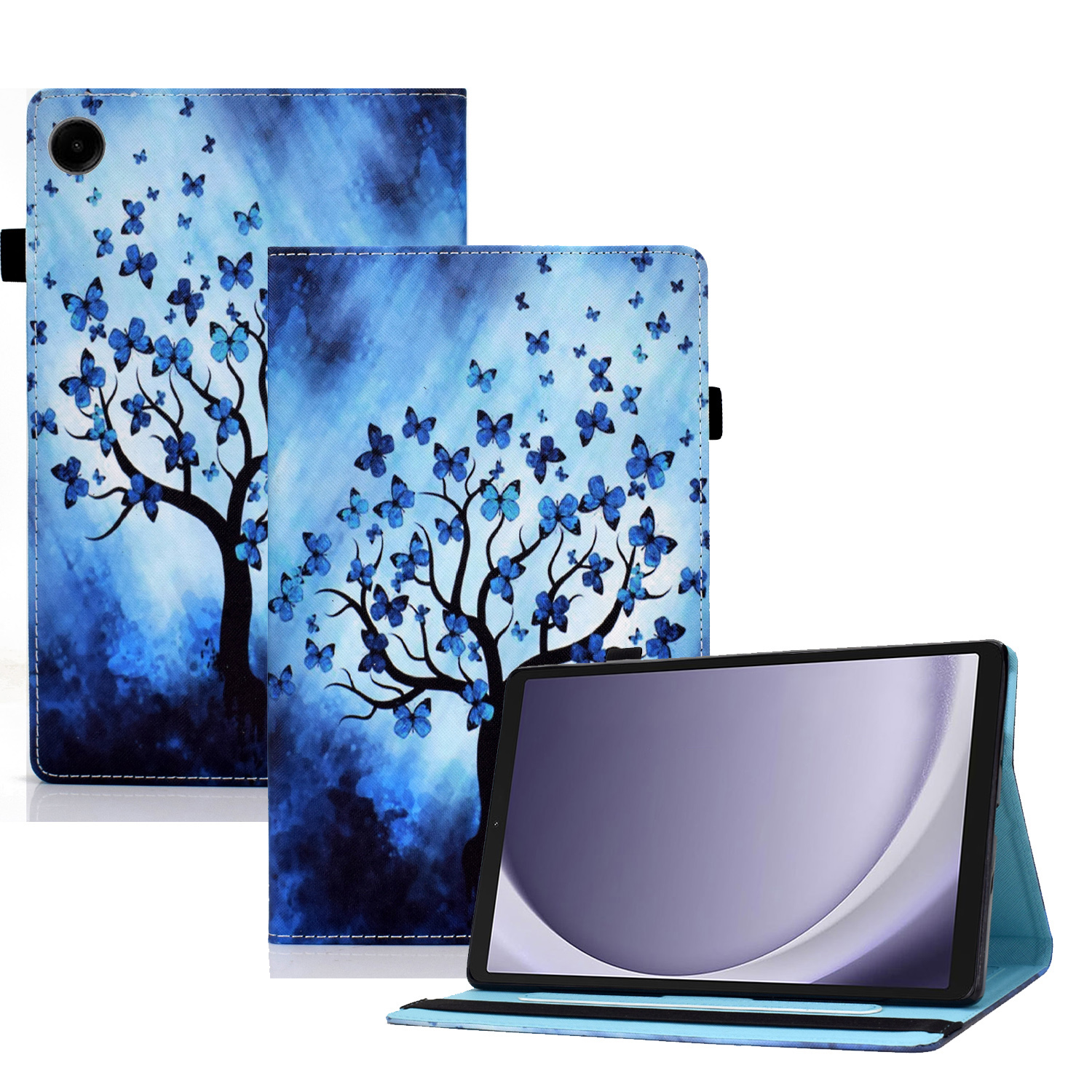

Für Samsung Galaxy Tab A9+ PU Leder -ständer Deckung Elastischer Bandmuster Drucktablette Hülle - Schmetterling Und Baum, Galaxy Tab A9+