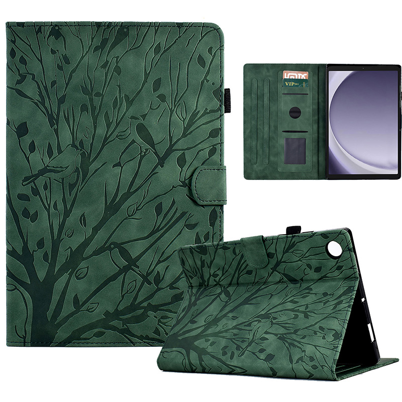 

Für Samsung Galaxy Tab A9 Fallkartenhalter Eingeprägter Tree Leder Tablet Cover - Grün, Galaxy Tab A9