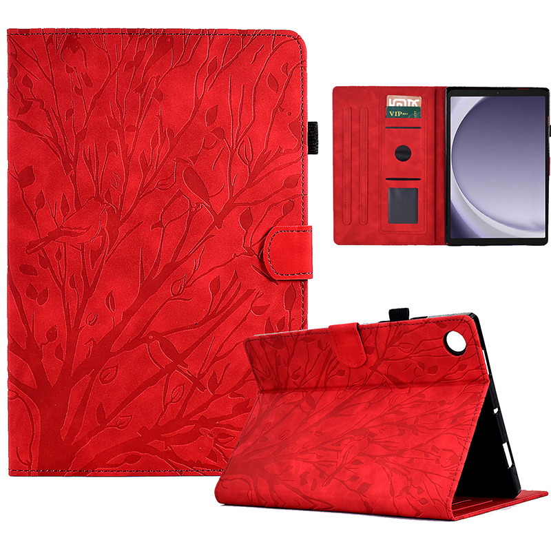 

Für Samsung Galaxy Tab A9 Fallkartenhalter Eingeprägter Tree Leder Tablet Cover - Rot, Galaxy Tab A9