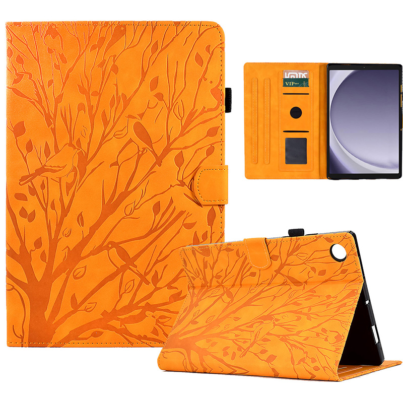 

Für Samsung Galaxy Tab A9 Fallkartenhalter Eingeprägter Tree Leder Tablet Cover - Khaki, Galaxy Tab A9