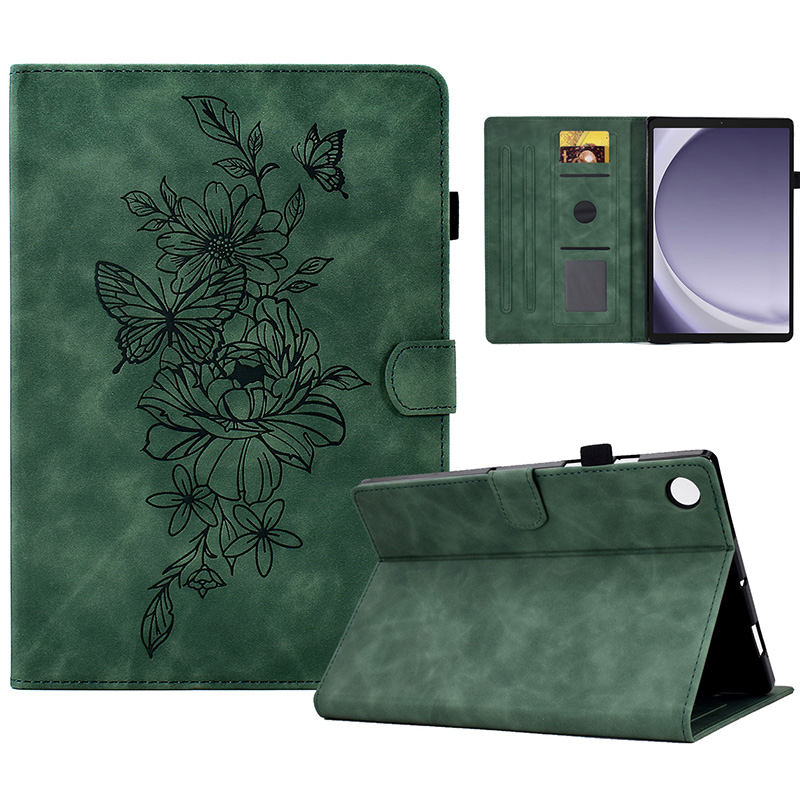 

Für Samsung Galaxy Tab A9 Hülle PU Leder Blumen Schmetterling Eingeprägter Tablettenabdeckung - Grün, Galaxy Tab A9