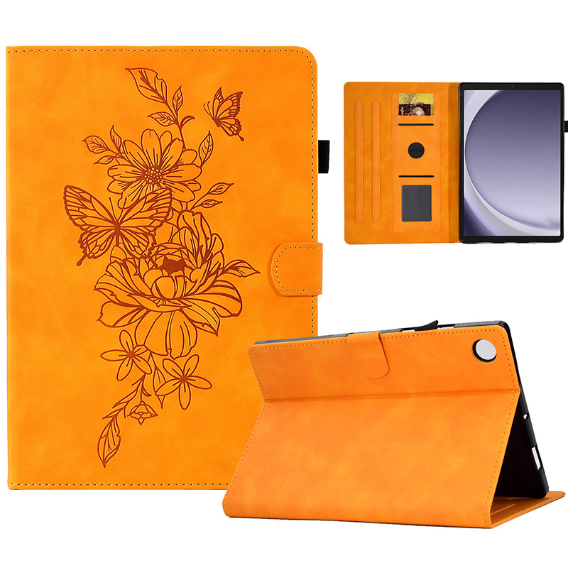 

Für Samsung Galaxy Tab A9 Hülle PU Leder Blumen Schmetterling Eingeprägter Tablettenabdeckung - Khaki, Galaxy Tab A9