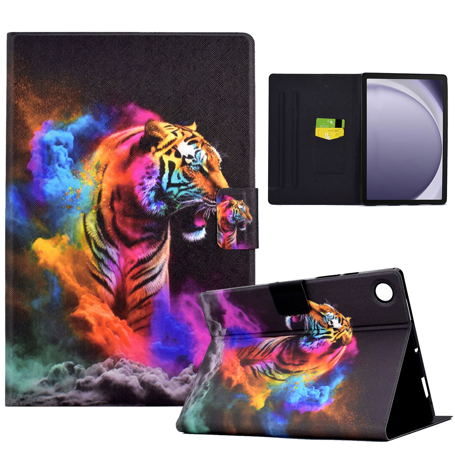 

Für Samsung Galaxy Tab A9+ Fallmuster -druck Leder -tablet -abdeckung Mit Kartensteckplätzen - Buntes Tiger, Galaxy Tab A9+