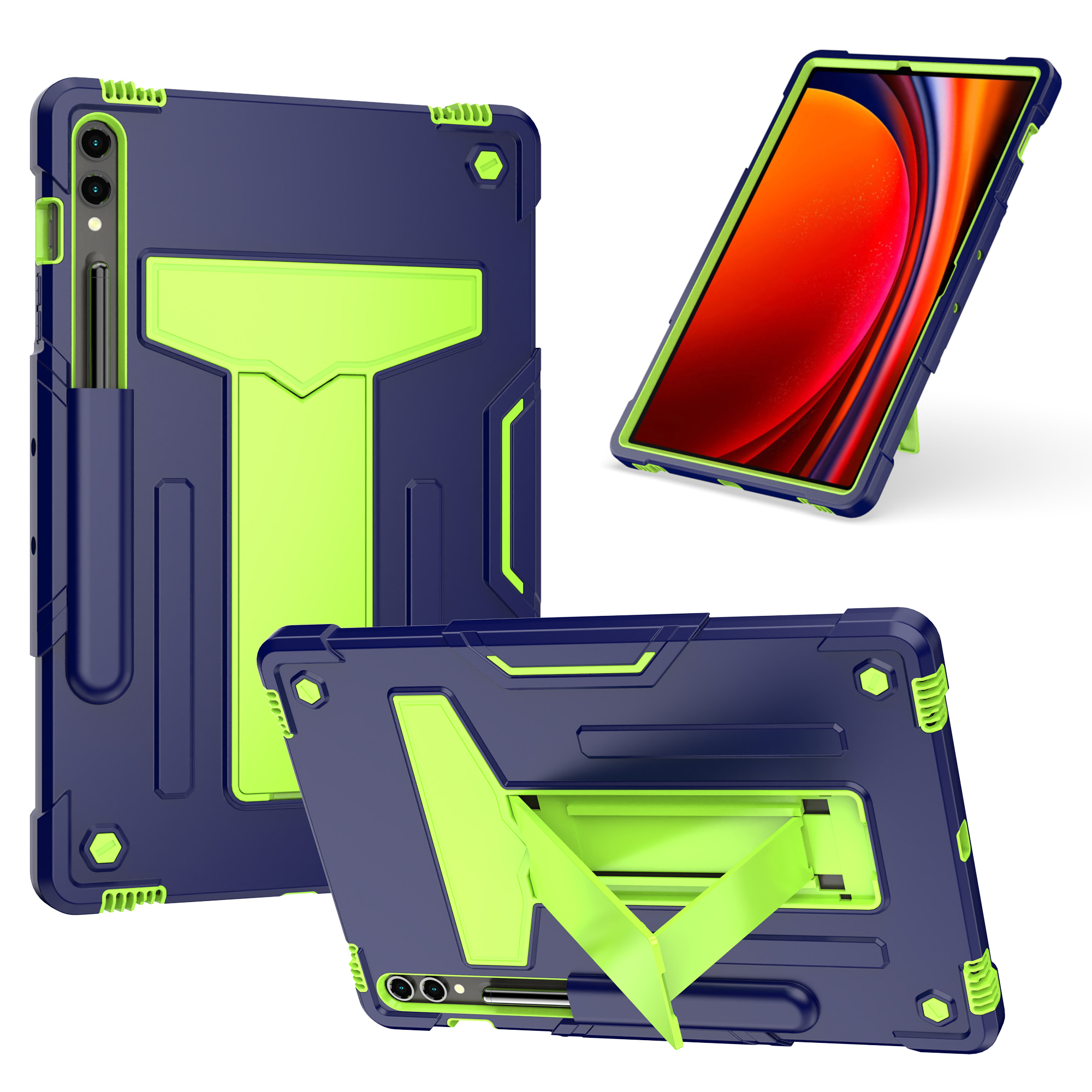 

Für Samsung Galaxy Tab S9+ Rugged Cover T-förmiger Tischschützer Tablettabe Tablete - Navy Blau / Grün, Galaxy Tab S9+